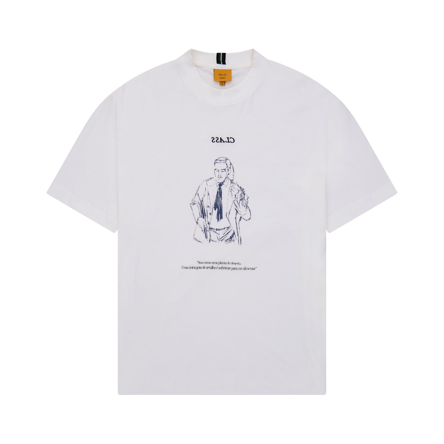 Camiseta off-white com estampa central azul de pessoa e texto pequeno