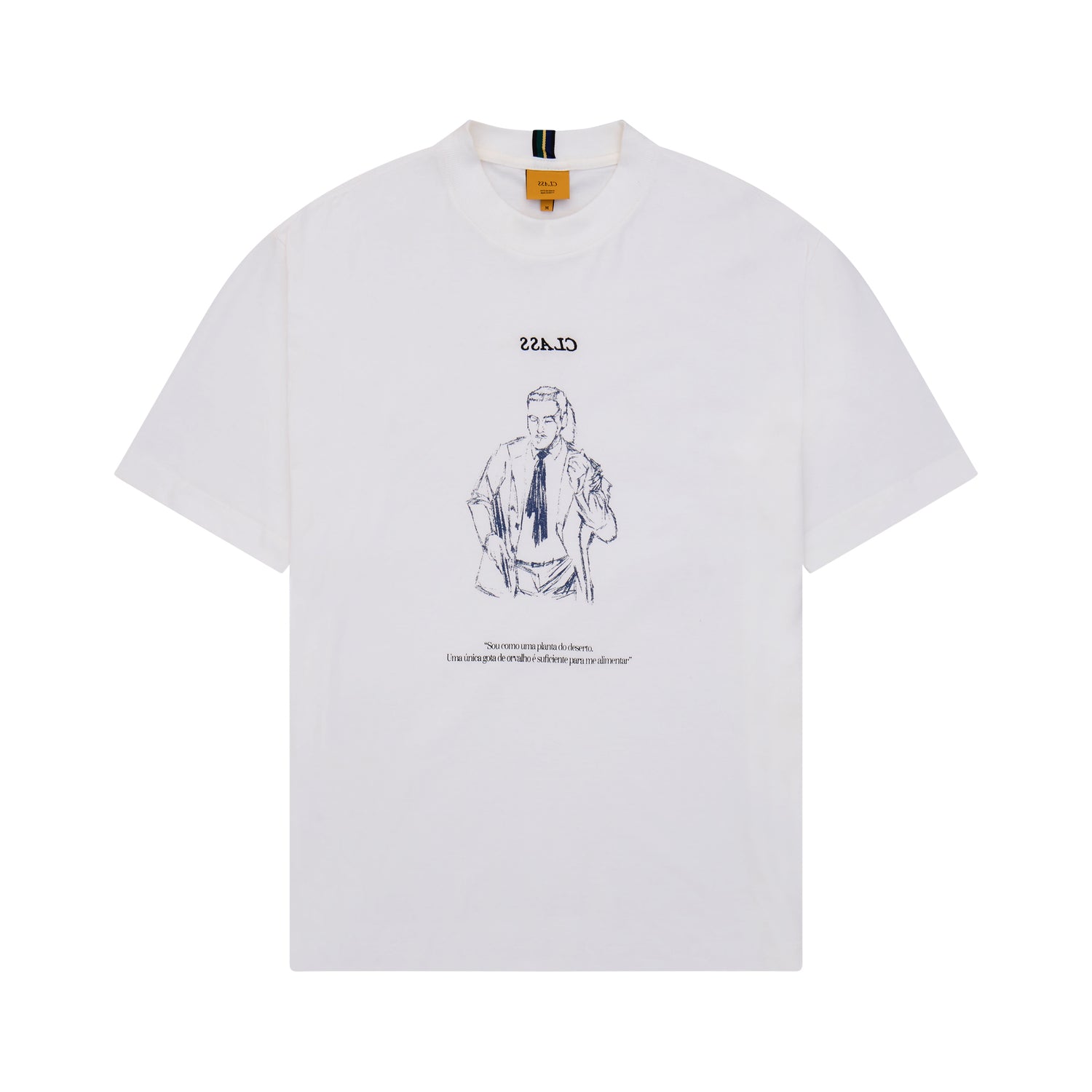 Camiseta off-white com estampa central azul de pessoa e texto pequeno