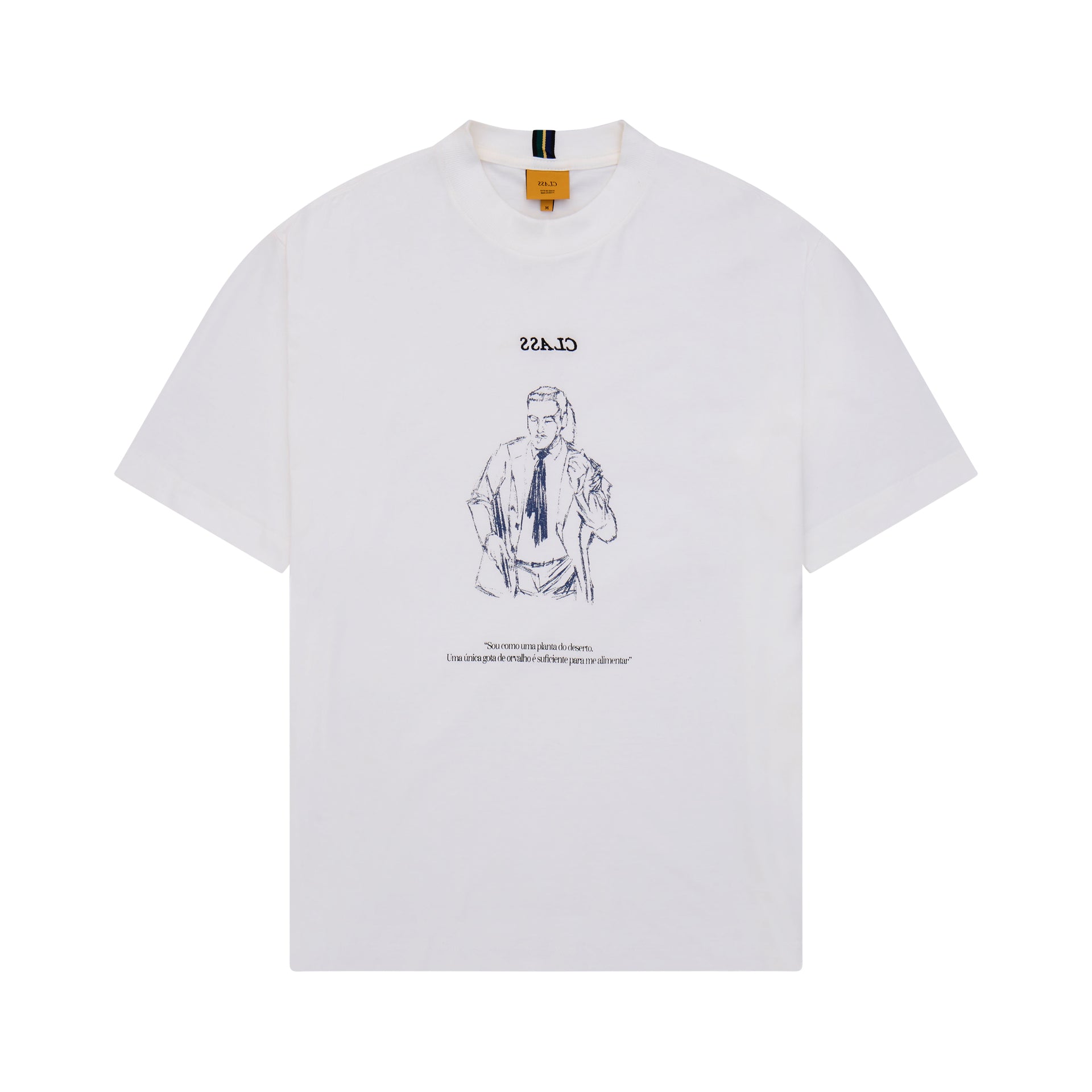 Camiseta off-white com estampa central azul de pessoa e texto pequeno