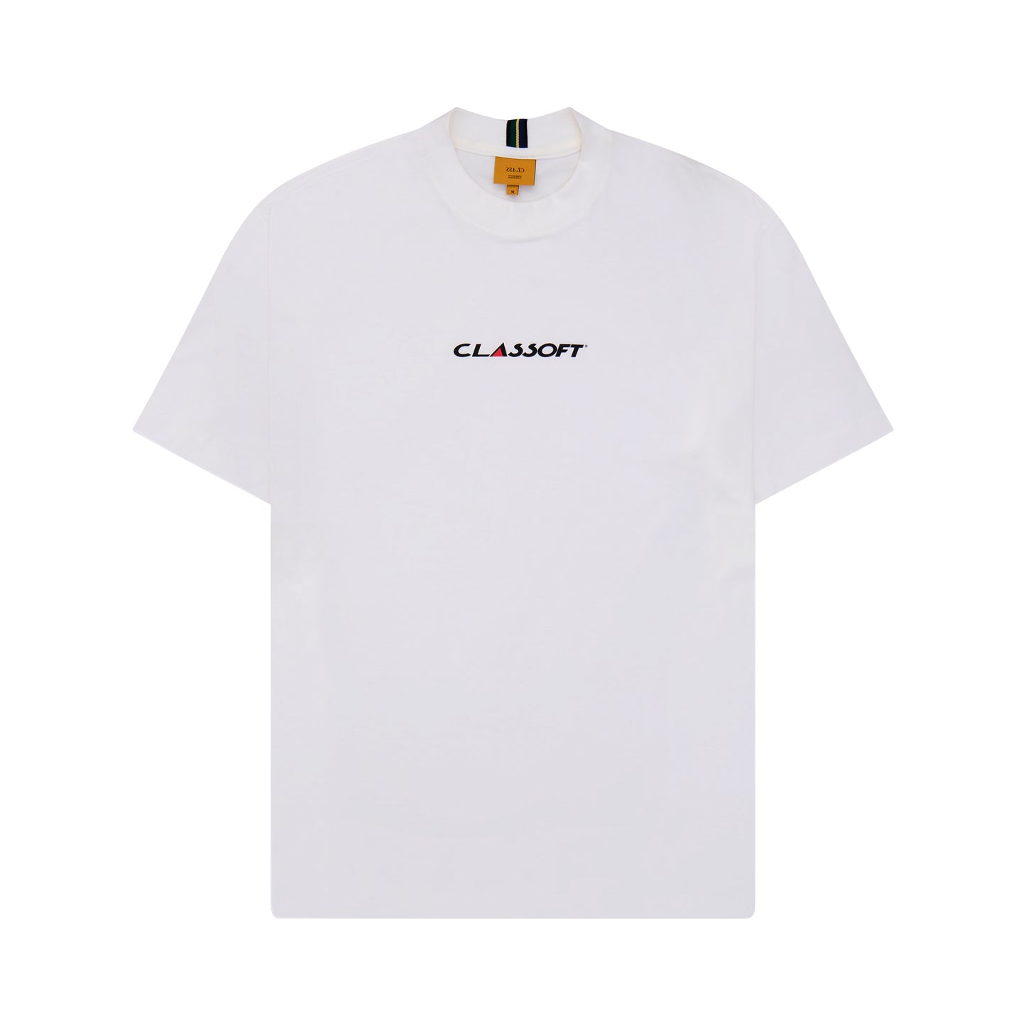 Camiseta off-white lisa com logo Classoft centralizado no peito e gola redonda