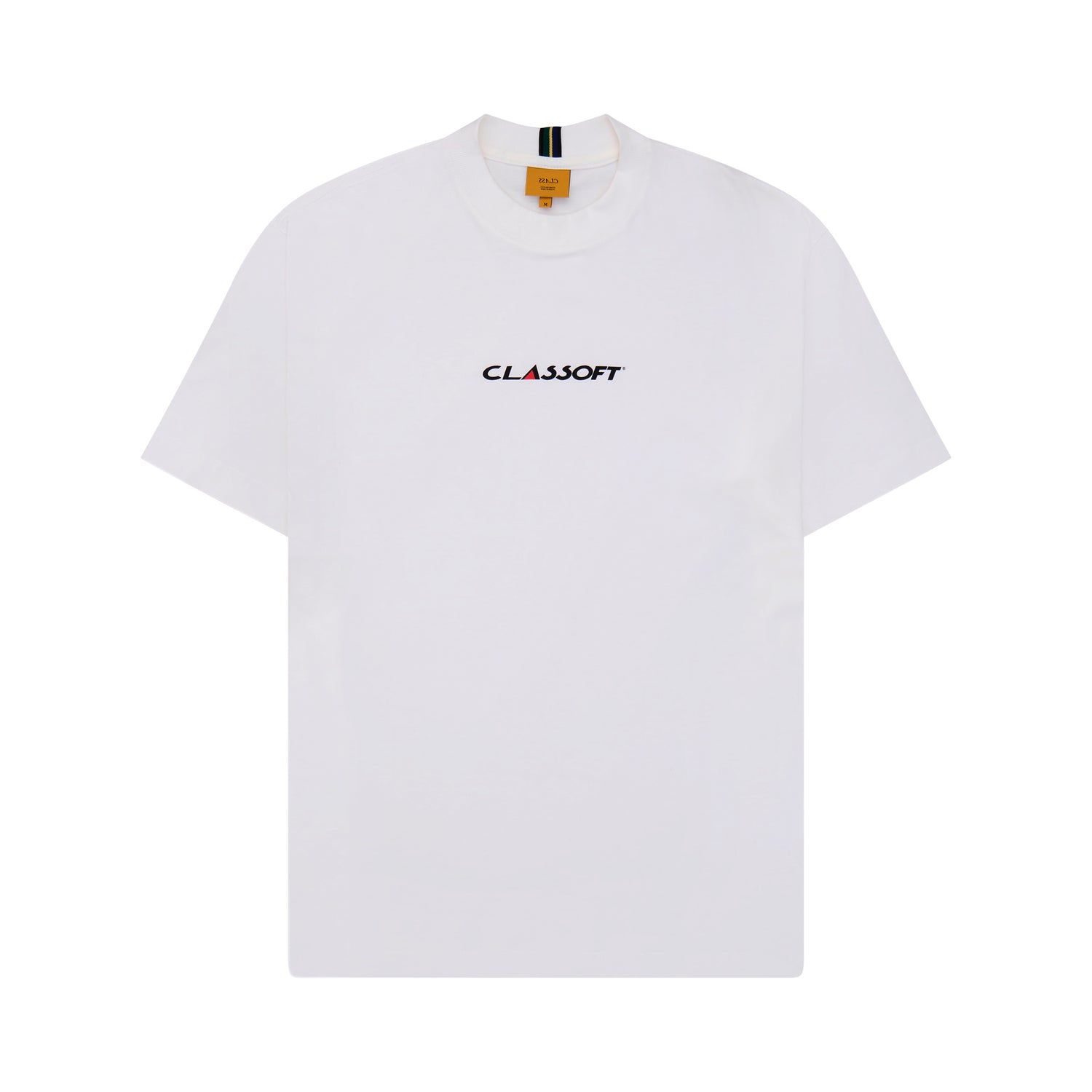 Camiseta off-white lisa com logo Classoft centralizado no peito e gola redonda