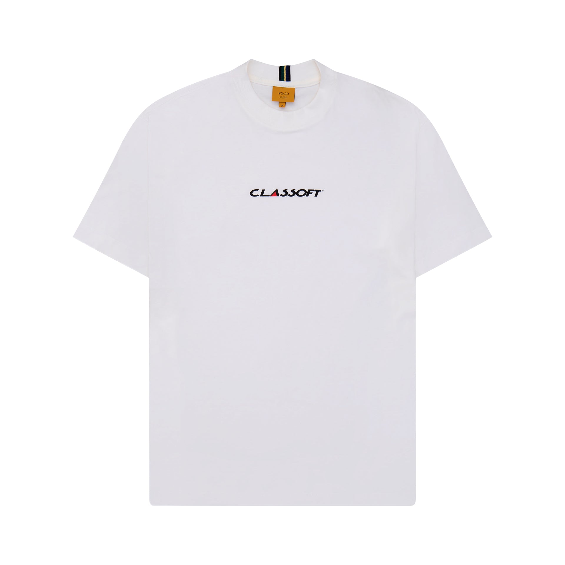 Camiseta off-white lisa com logo Classoft centralizado no peito e gola redonda