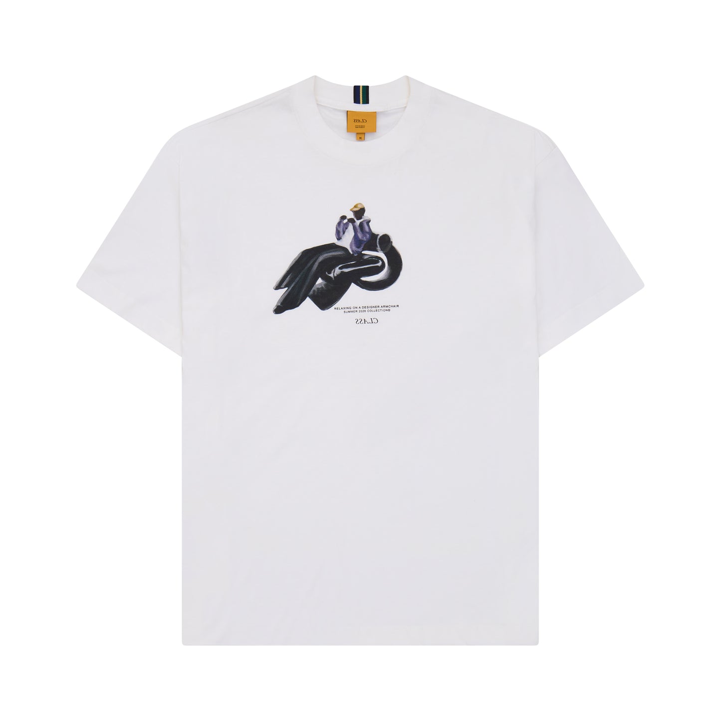 Camiseta off-white com estampa central de figura em preto e roxo, gola canelada