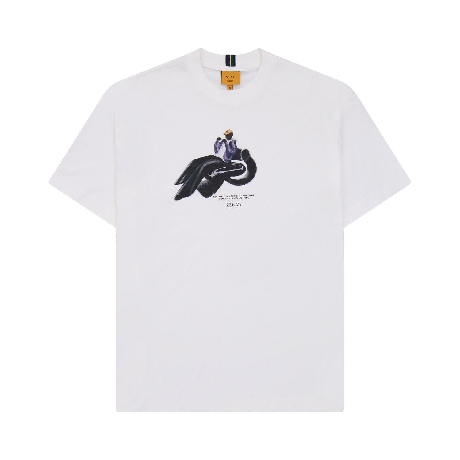 Camiseta off-white com estampa central de figura em preto e roxo, gola canelada