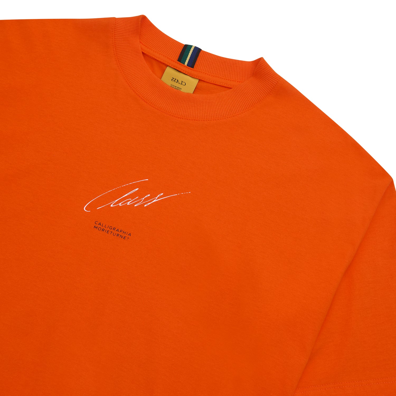 Camiseta laranja com gola careca e etiqueta na gola, estampa no peito