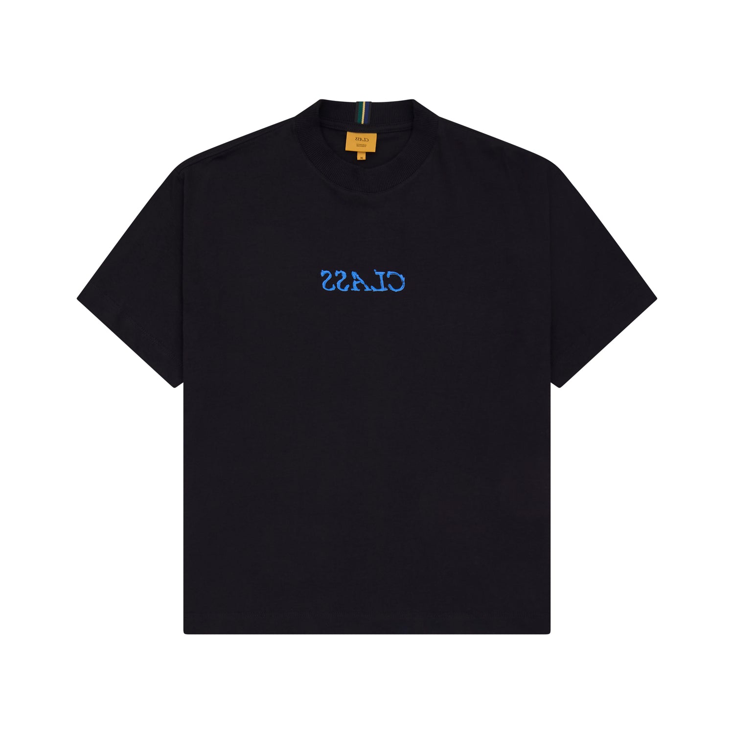 Camiseta básica preta com estampa azul e gola careca canelada