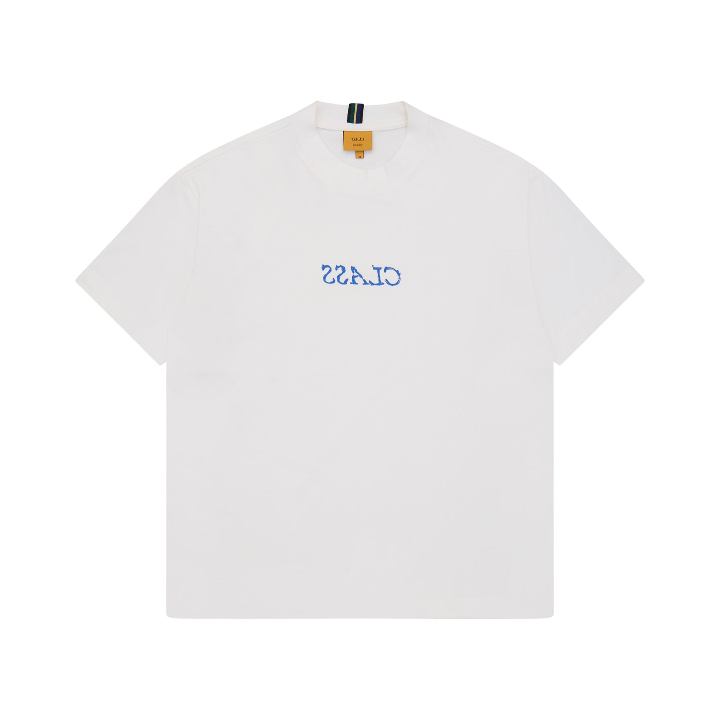 Camiseta off-white com gola careca e estampa azul na frente
