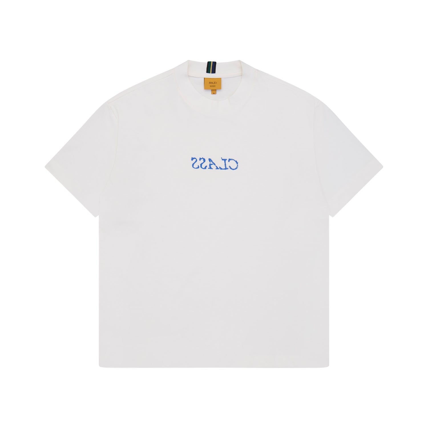 Camiseta off-white com gola careca e estampa azul na frente