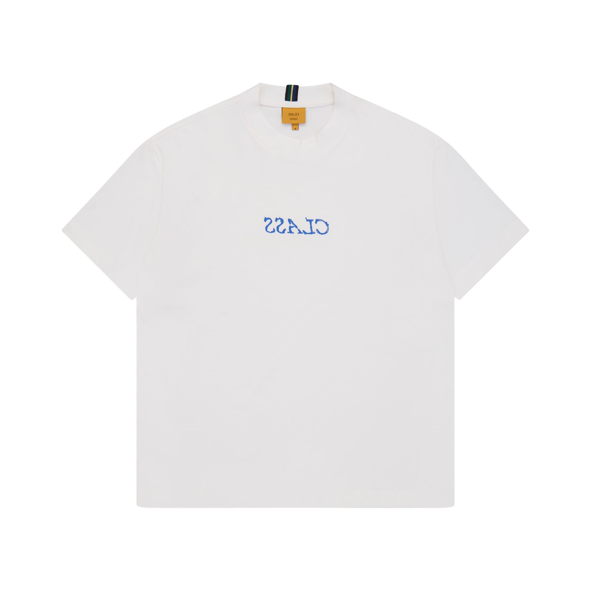 Camiseta off-white com gola careca e estampa azul na frente