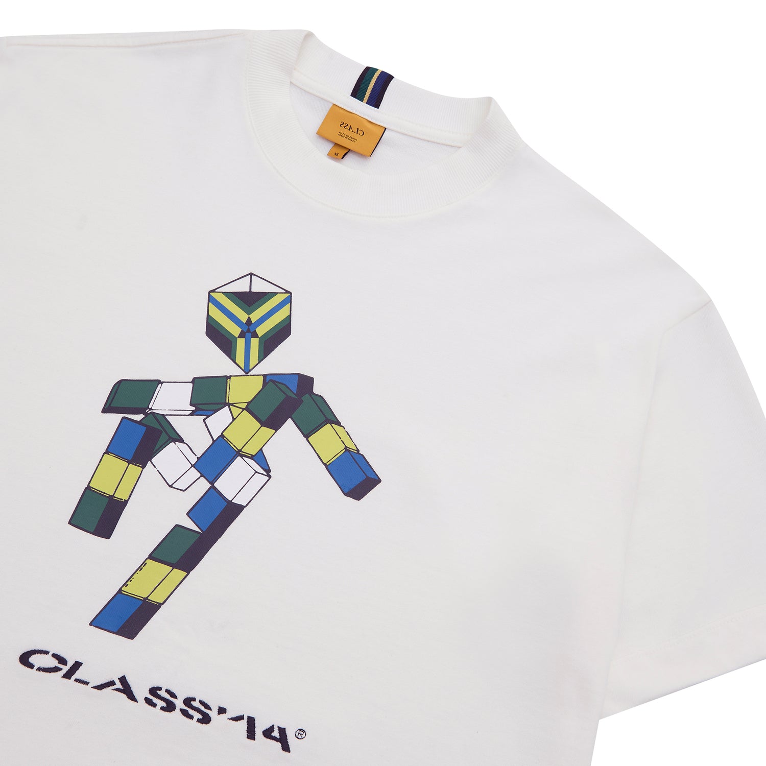 Camiseta off-white gola careca com estampa PIPA-MAN geométrica e logo inferior