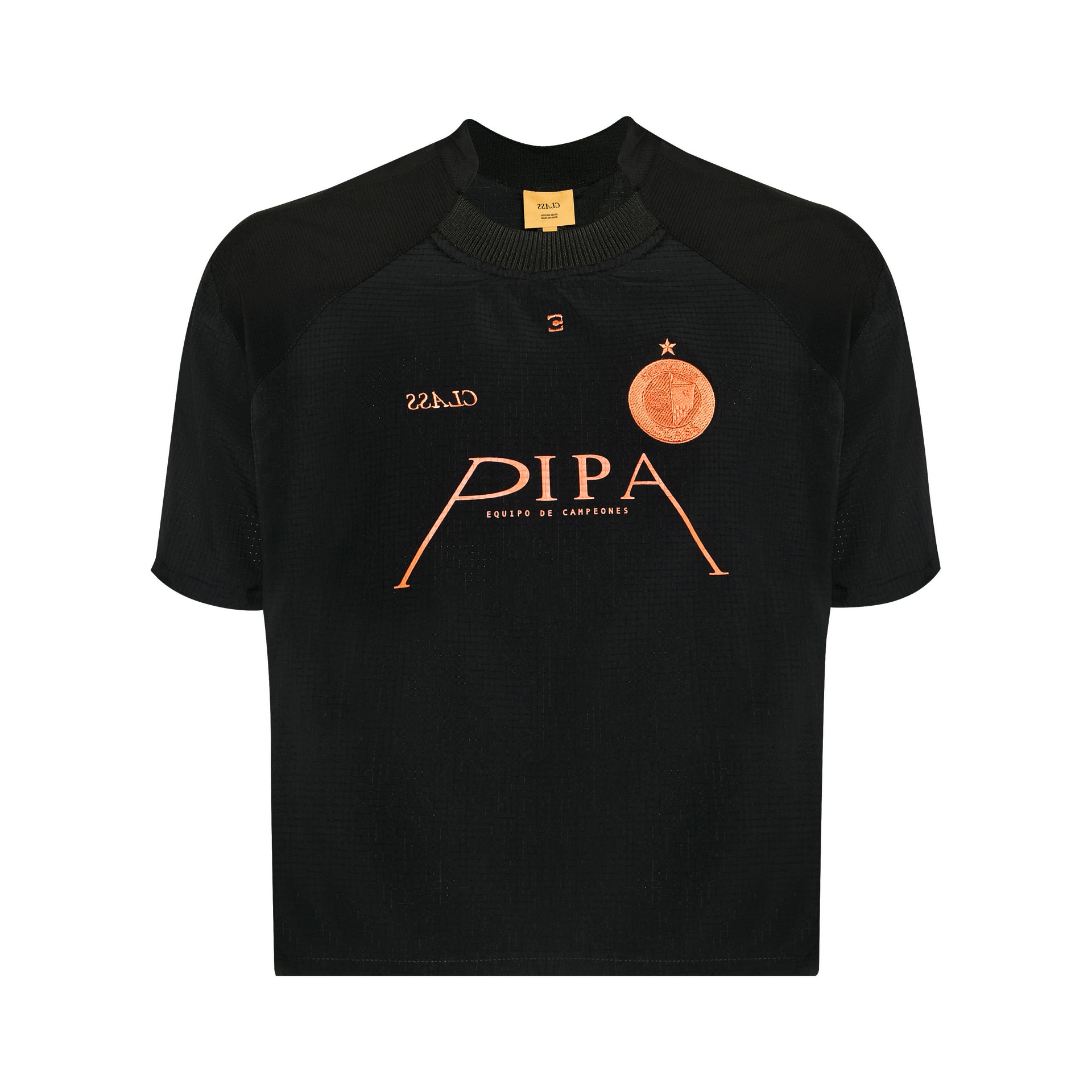 Camiseta jersey preta com estampa DIPA e escudo laranja no peito