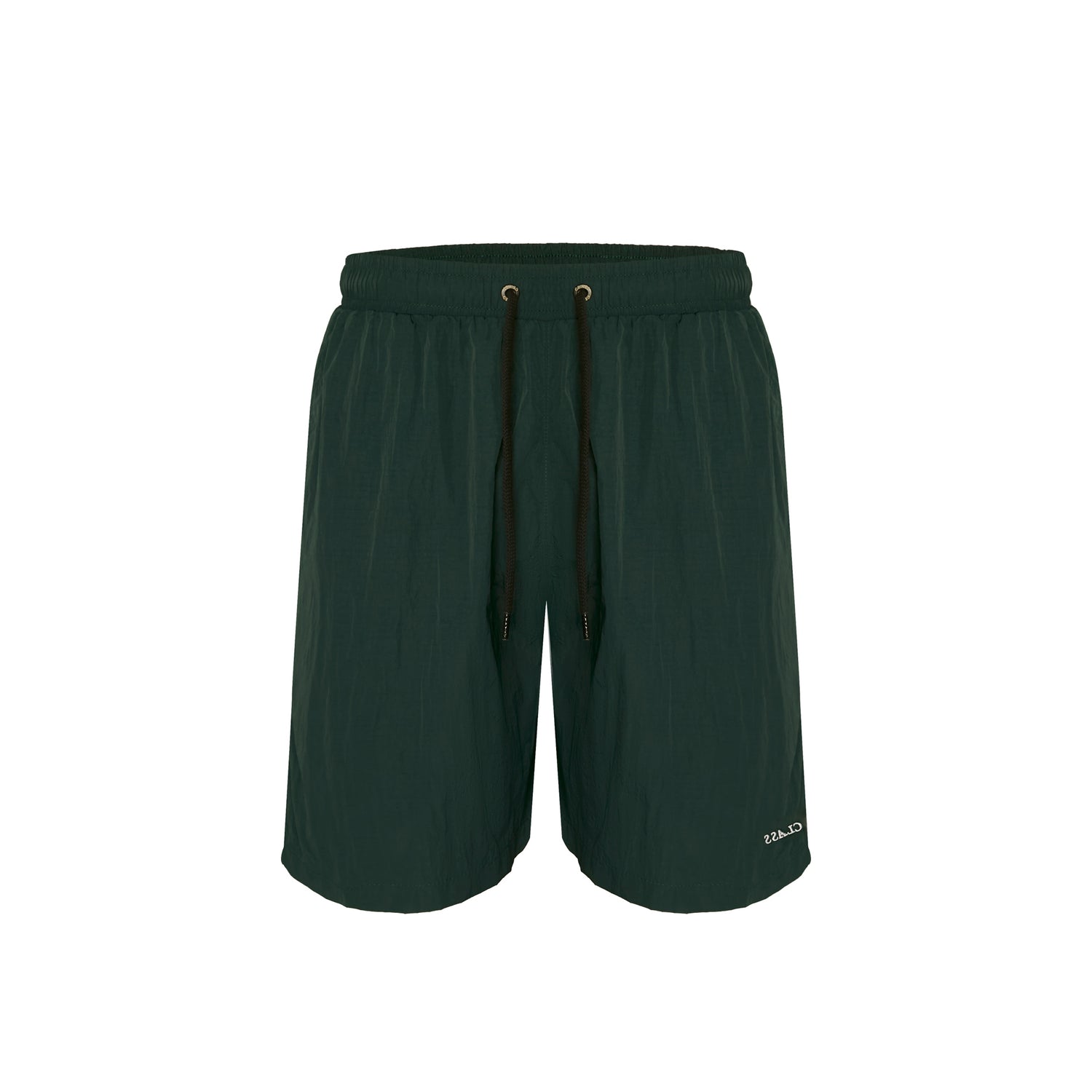 Shorts verde militar com cós elástico e cordões, logo na barra