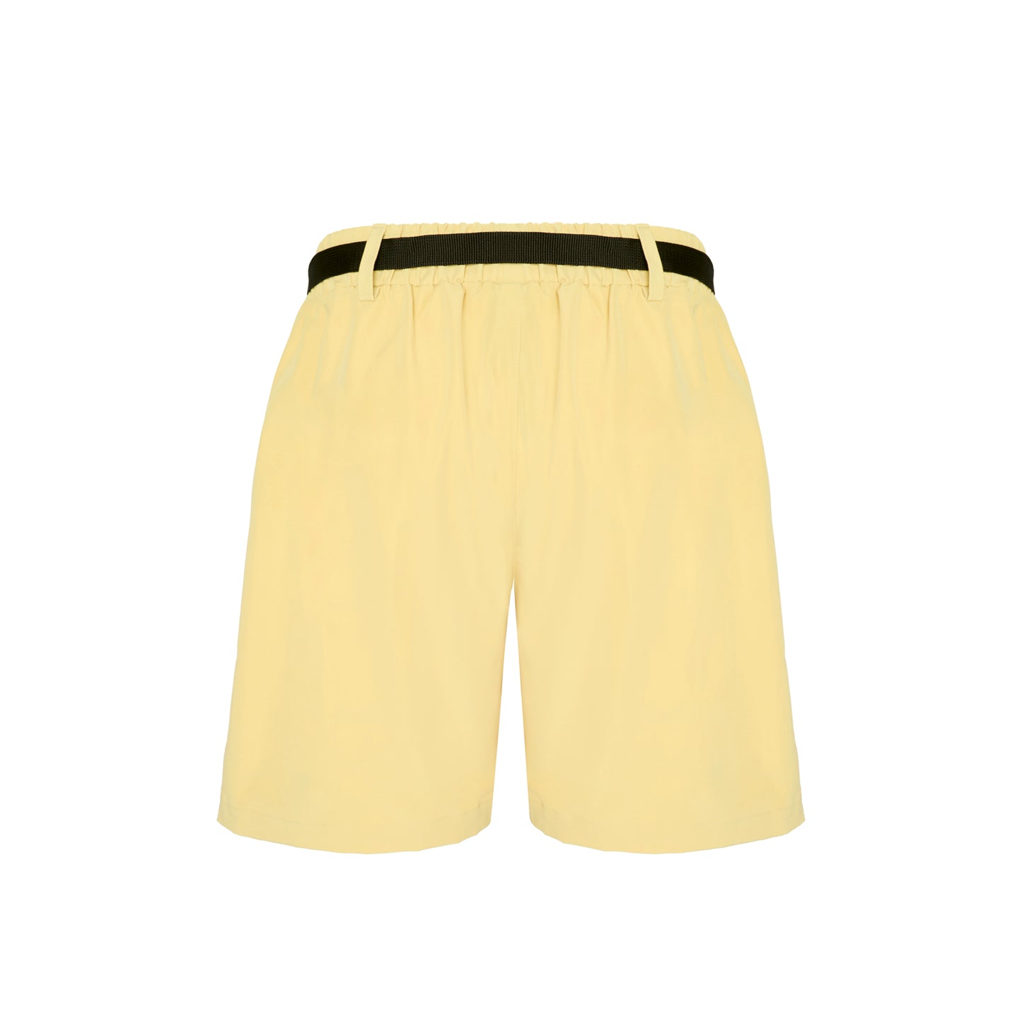 Shorts amarelo com cós elástico preto e bolsos laterais