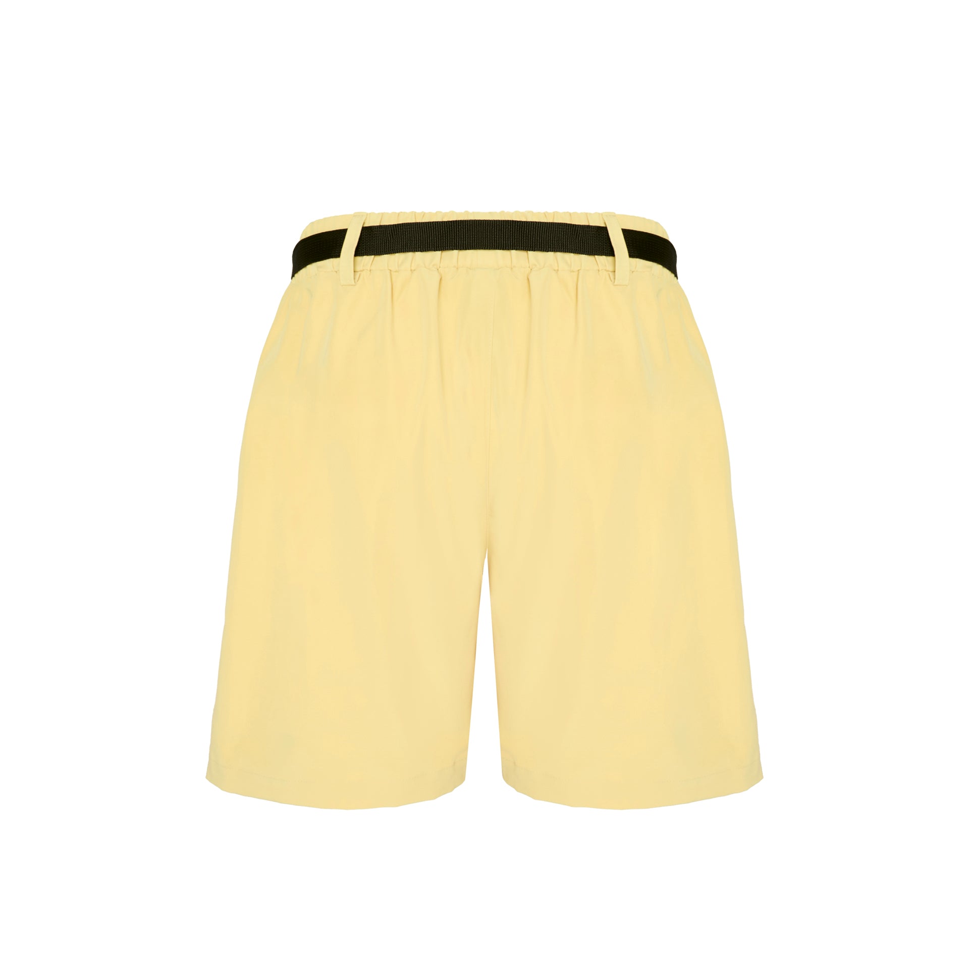 Shorts amarelo com cós elástico preto e bolsos laterais