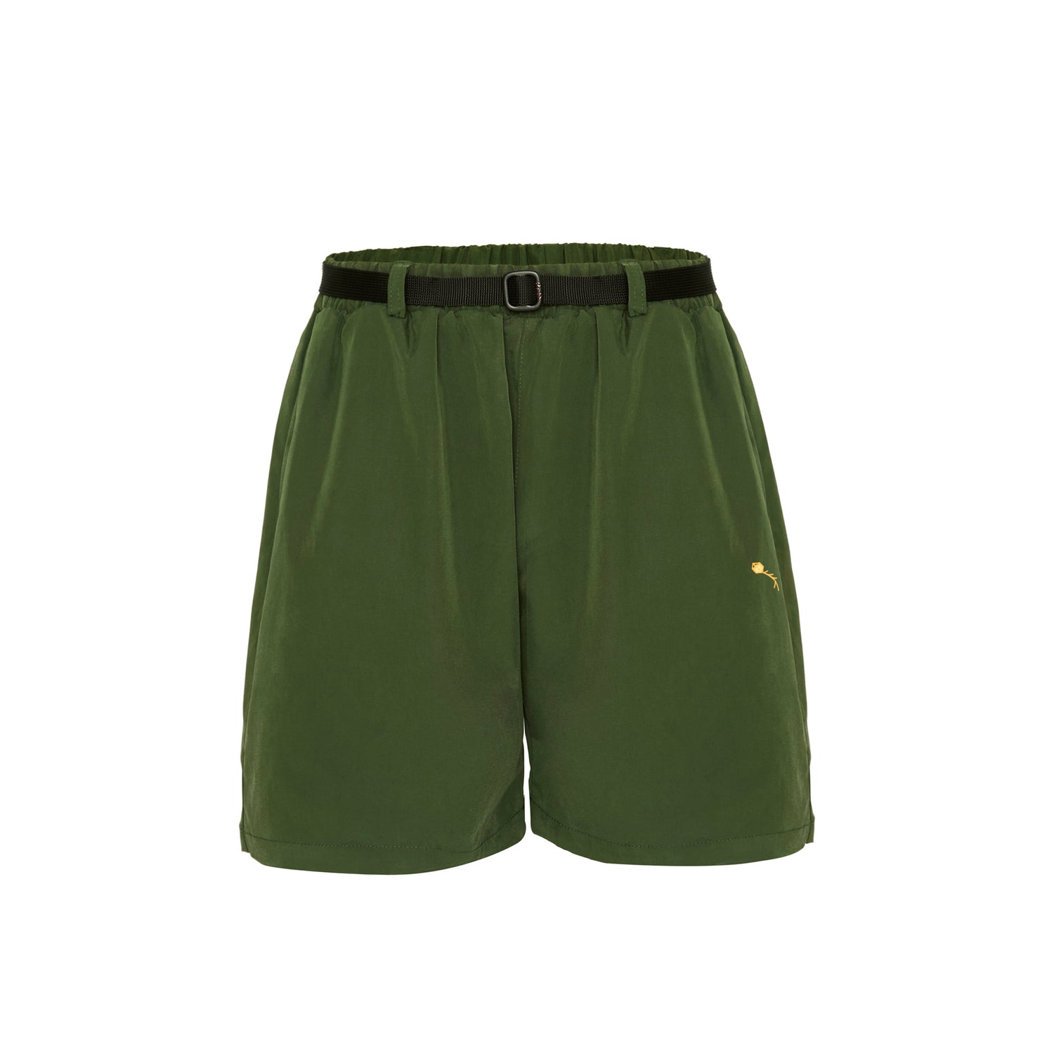 Shorts verde musgo com cós elástico e faixa preta ajustável na cintura.