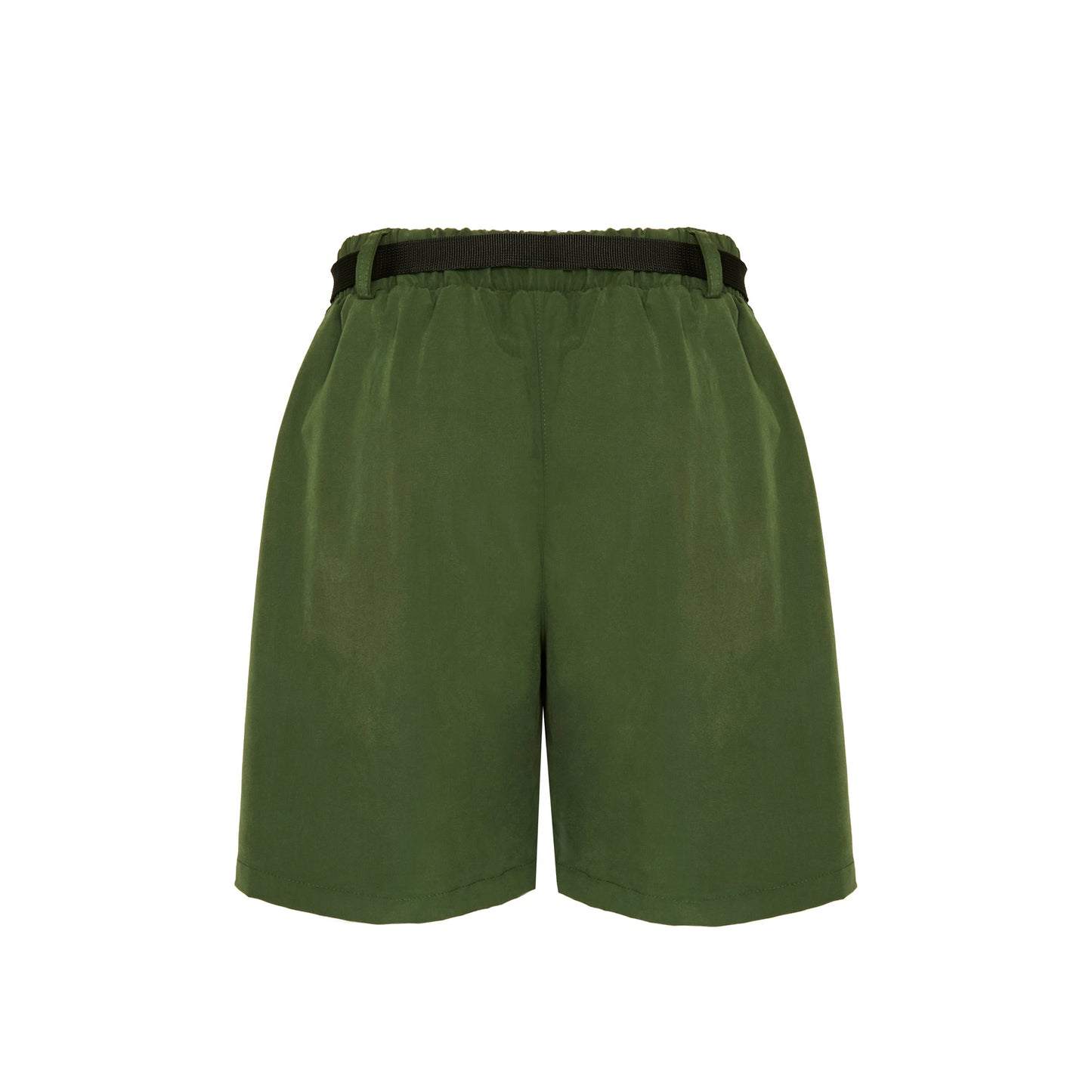 Shorts verde musgo com cós elástico e acabamento traseiro liso.