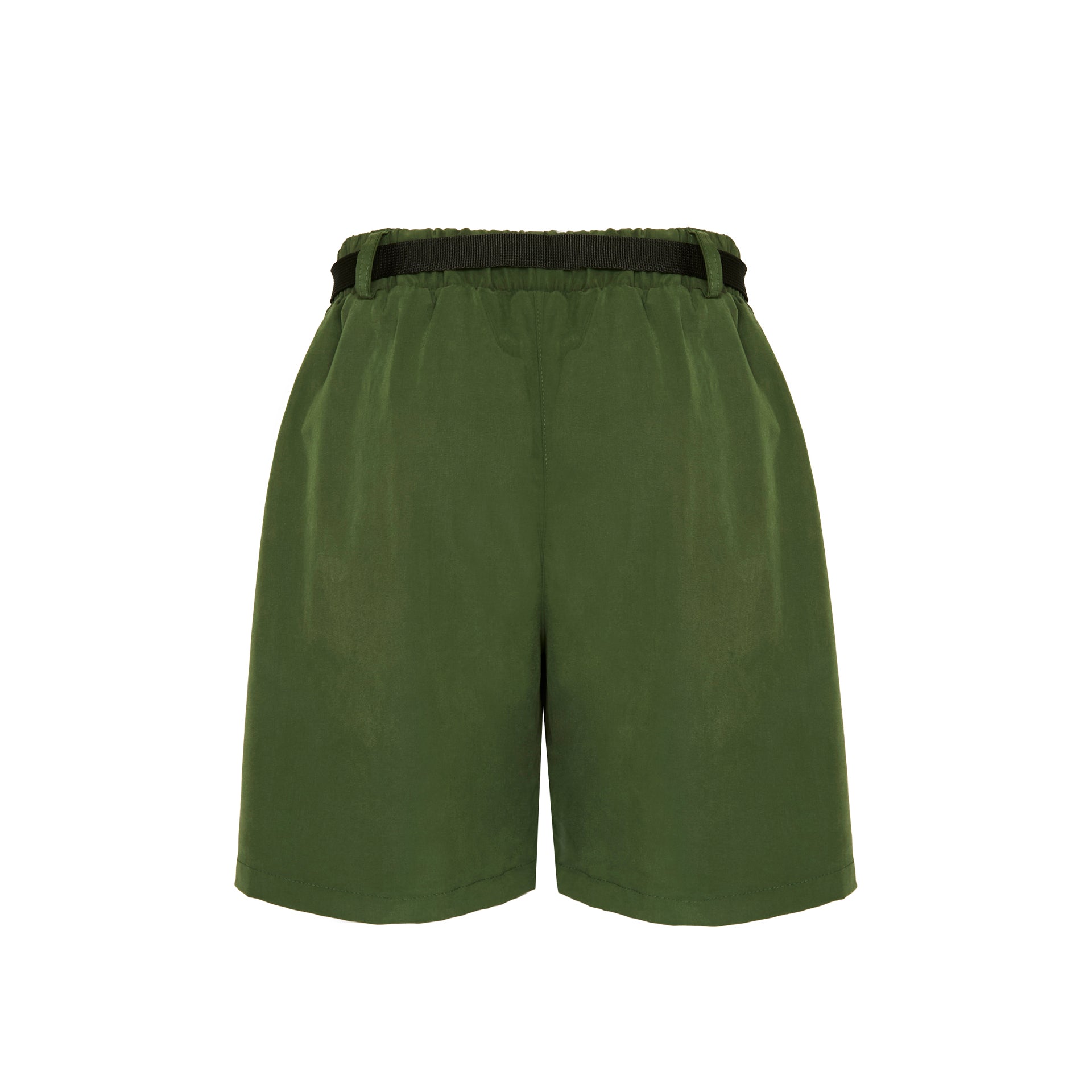 Shorts verde musgo com cós elástico e acabamento traseiro liso.