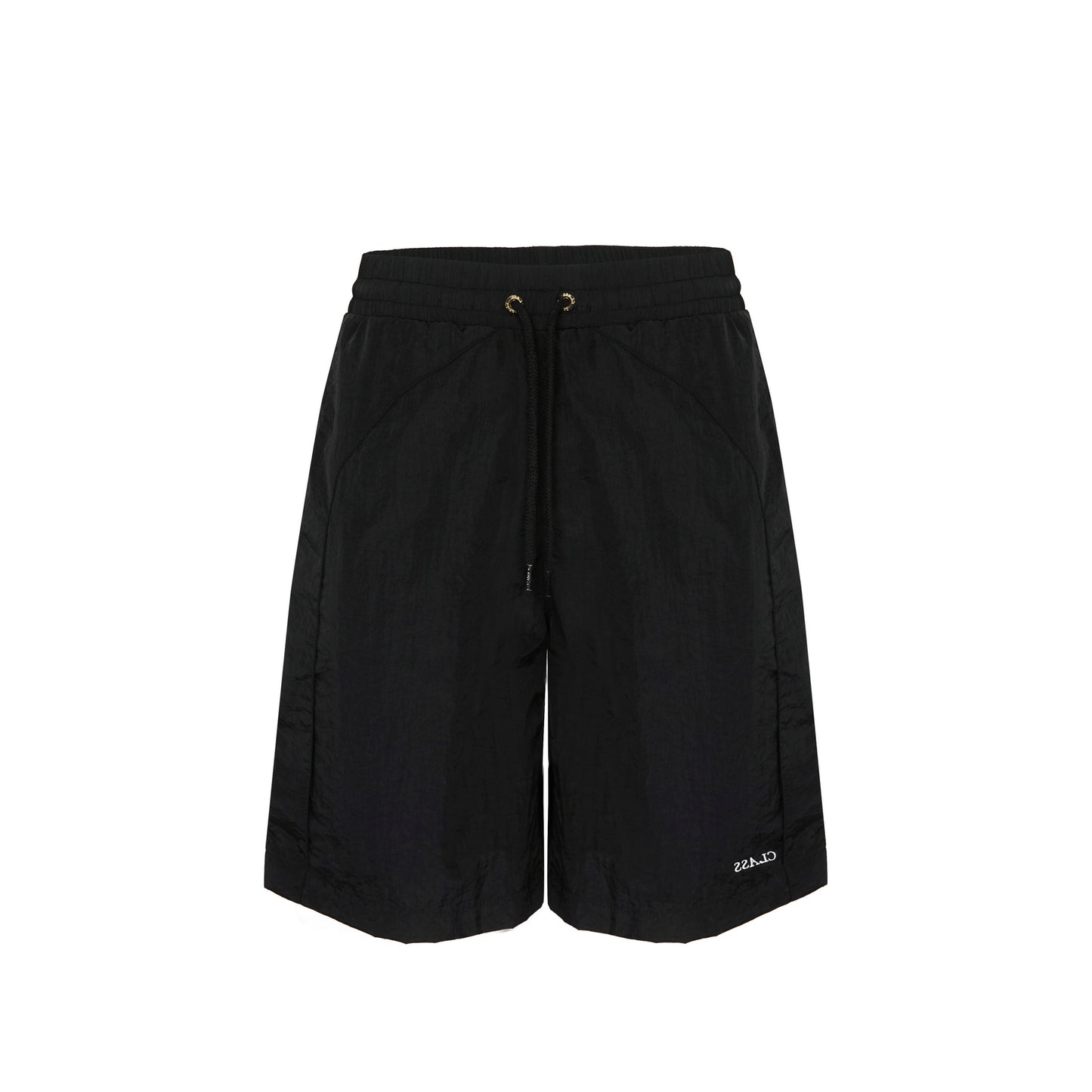 Short preto com cós elástico e cordão, ilhós dourados e costuras laterais