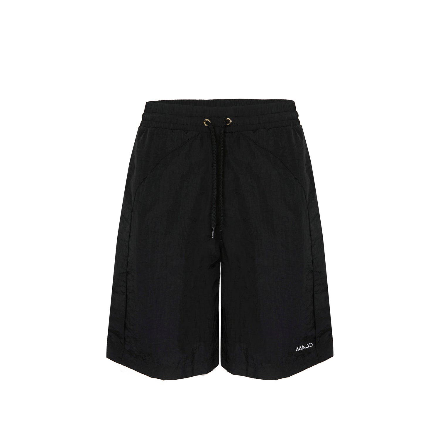 Short preto com cós elástico e cordão, ilhós dourados e costuras laterais
