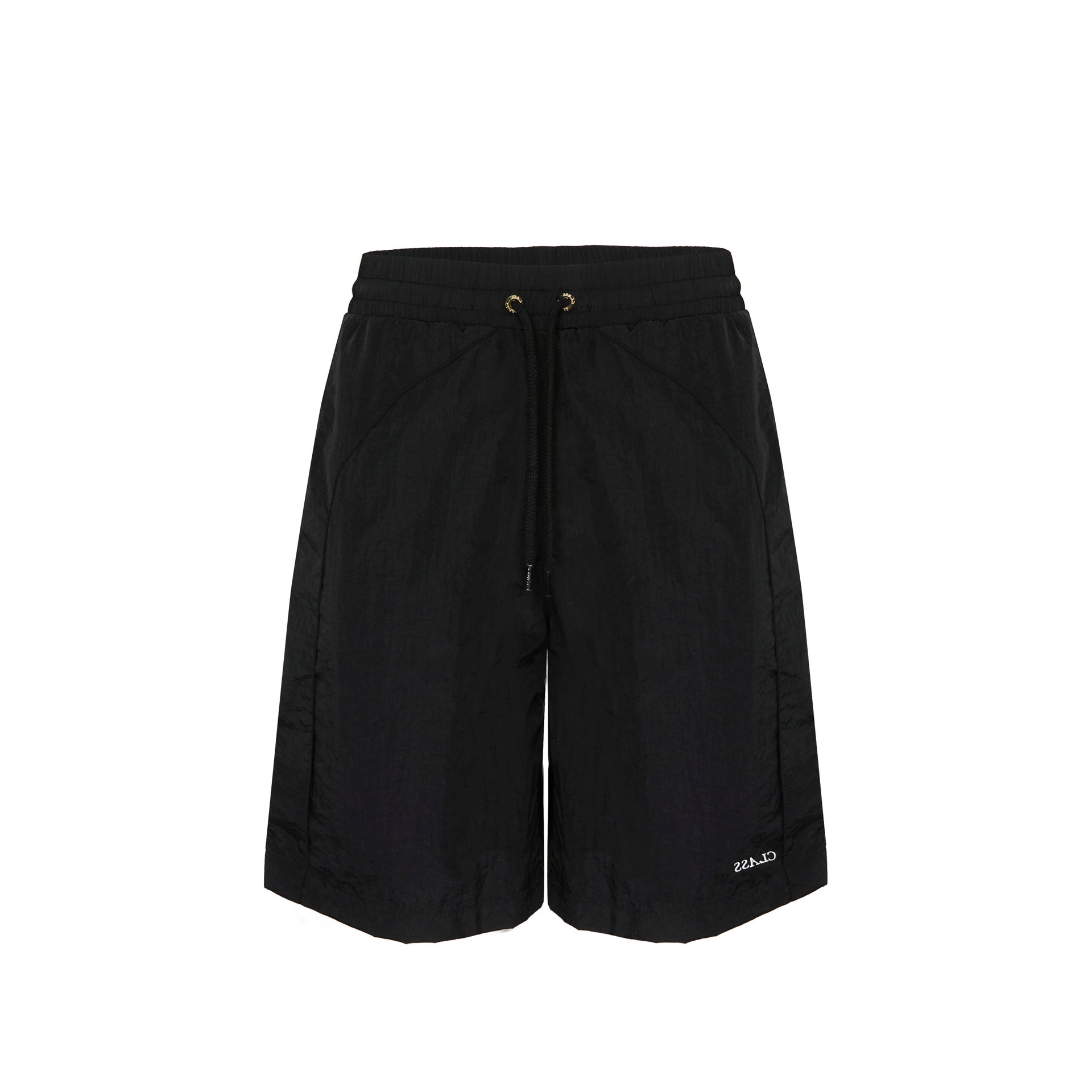 Short preto com cós elástico e cordão, ilhós dourados e costuras laterais