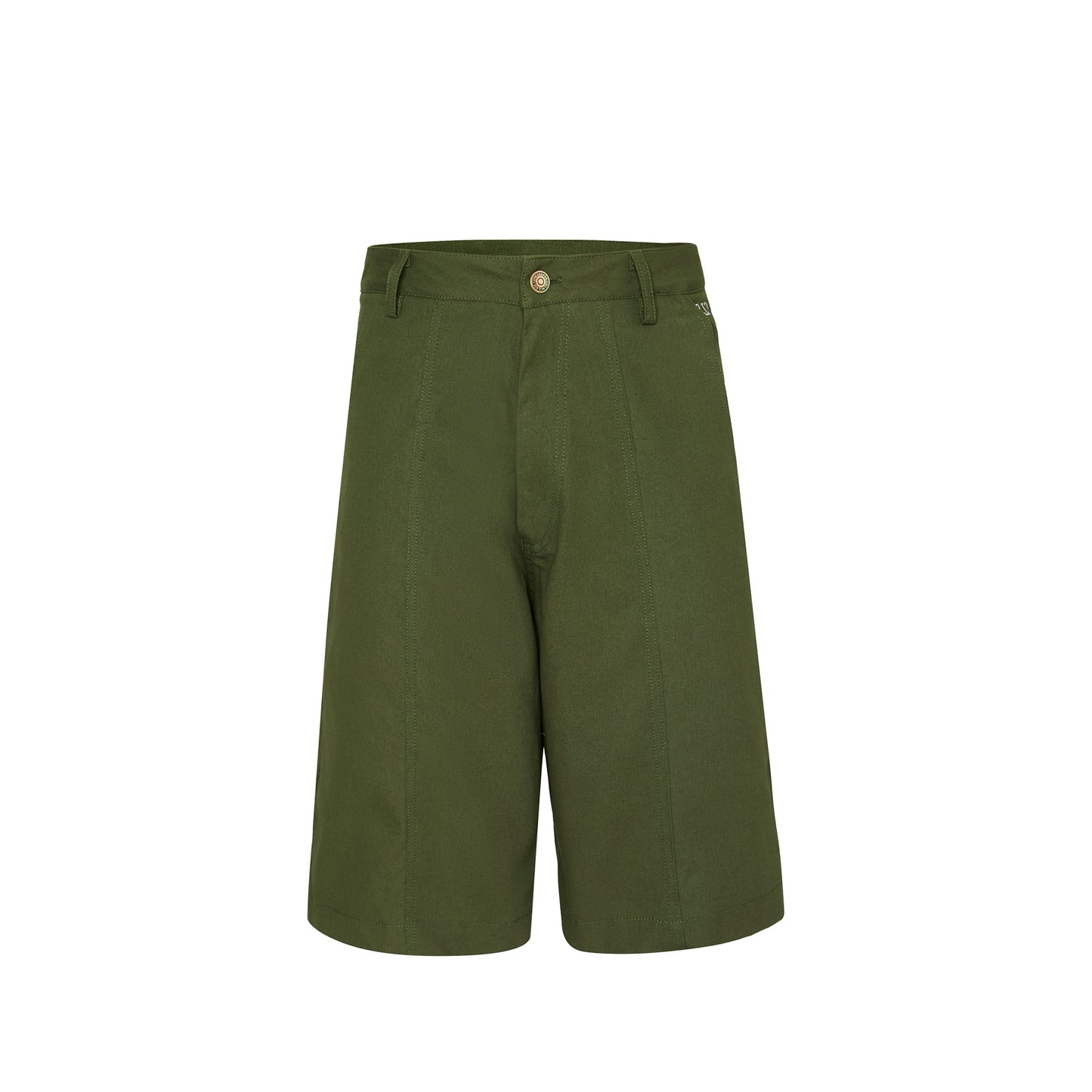 Shorts baggy verde militar com cós, passantes, botão frontal e bolsos.