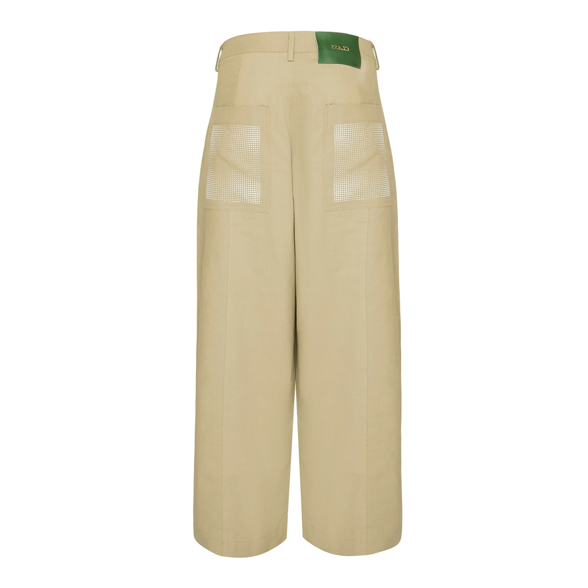 Calça clássica bege de canvas larga, bolsos frontais e passantes na cintura.