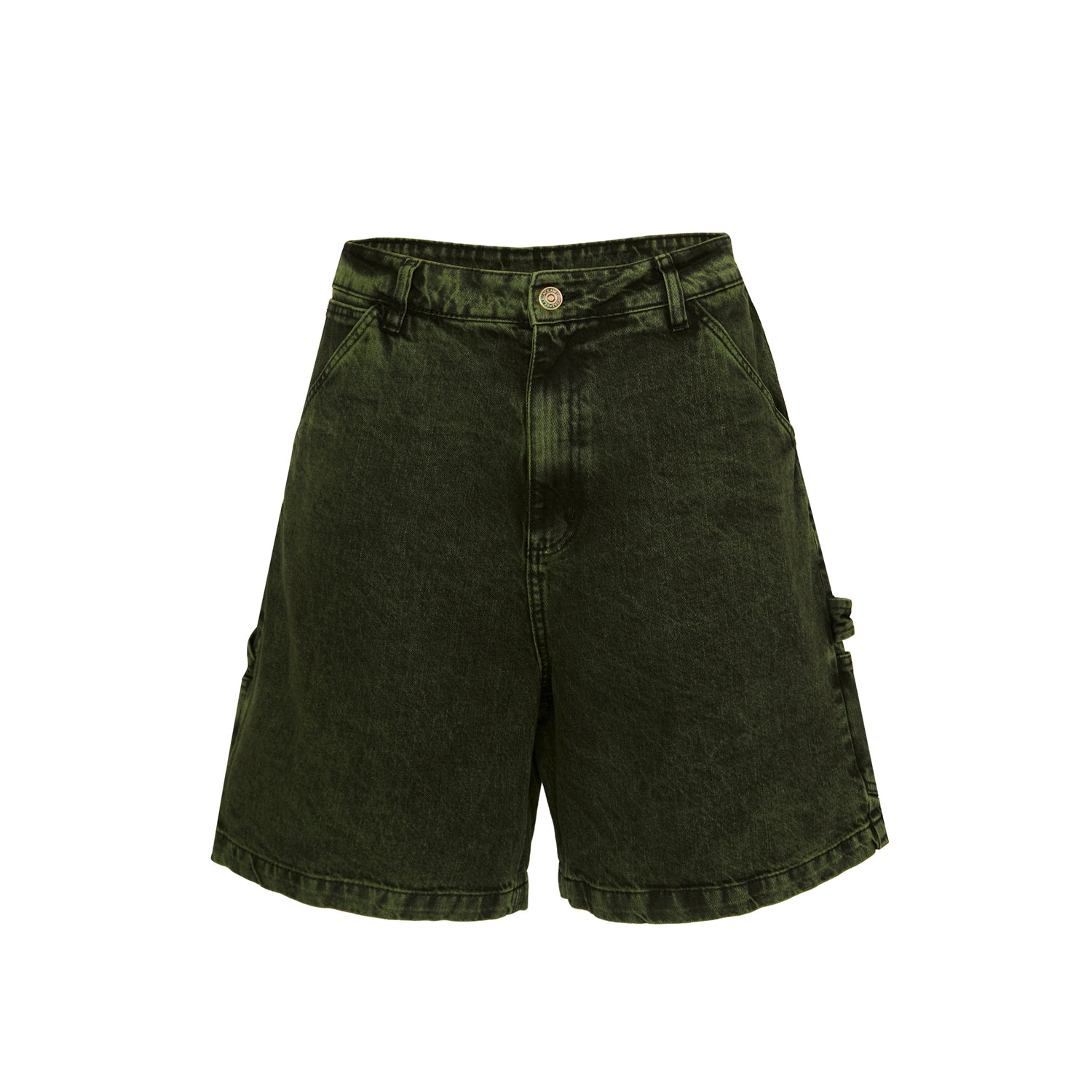 Shorts jeans verde escuro estilo cargo, bolsos frontais e traseiros