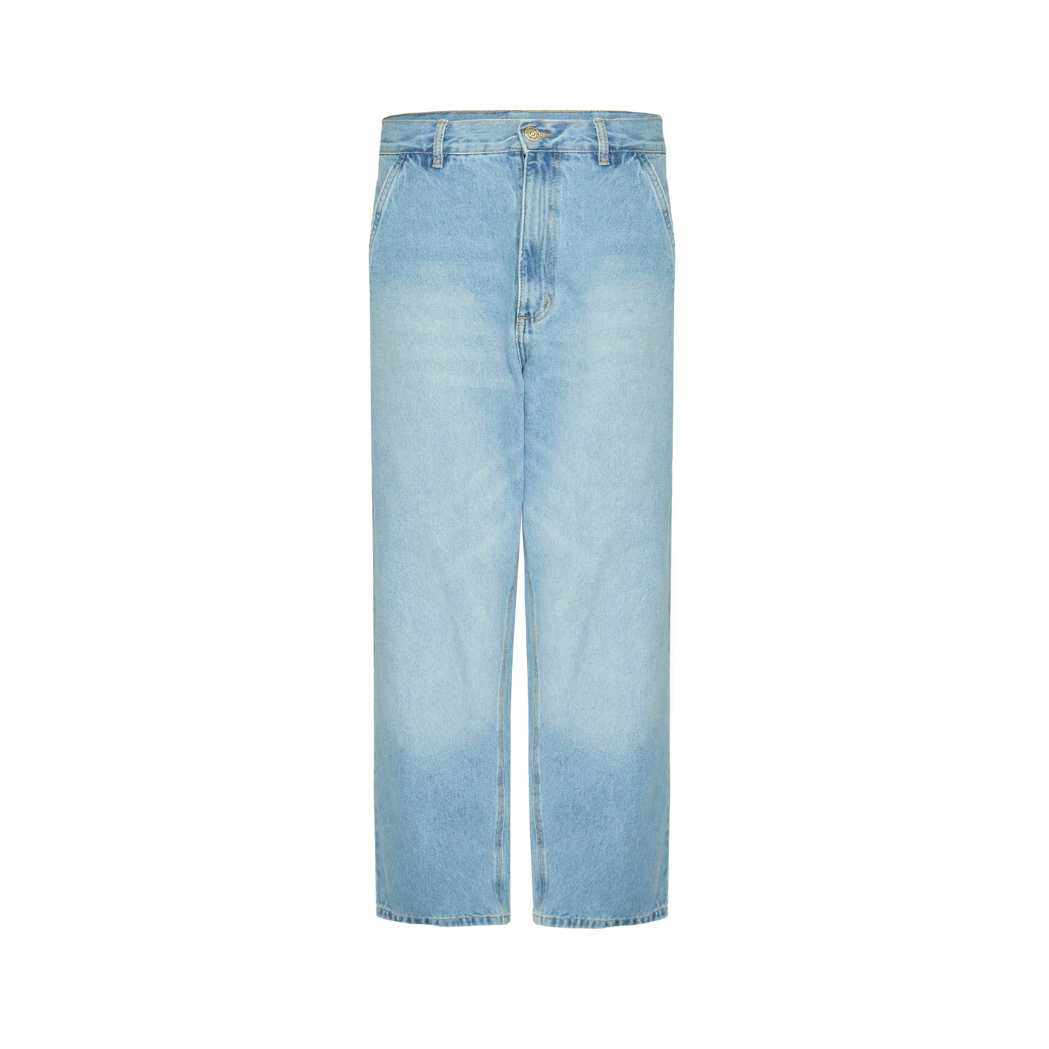 Calça jeans masculina azul claro, cós com passantes e bolsos frontais