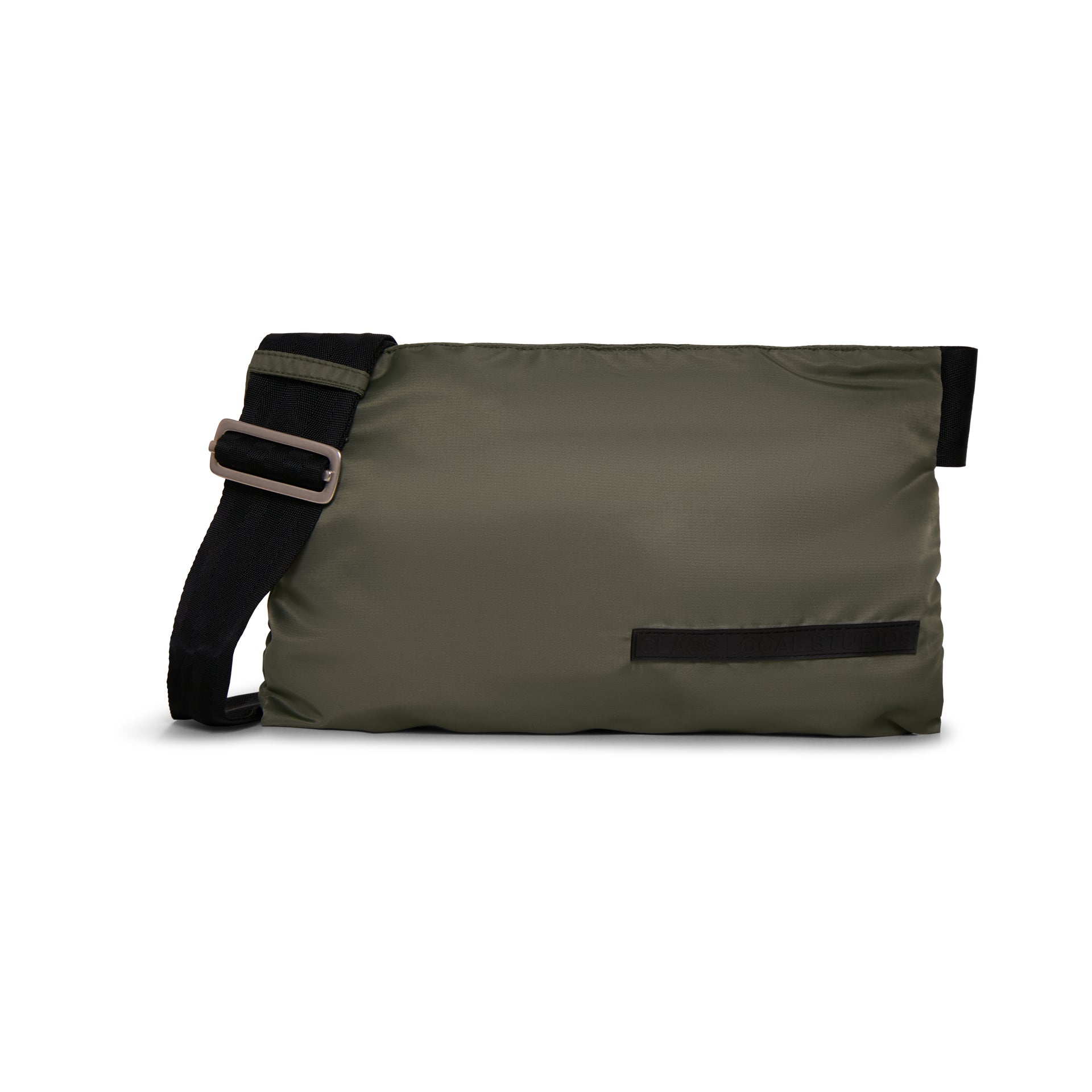Bolsa retangular verde-oliva com alça preta e bolso frontal com aba