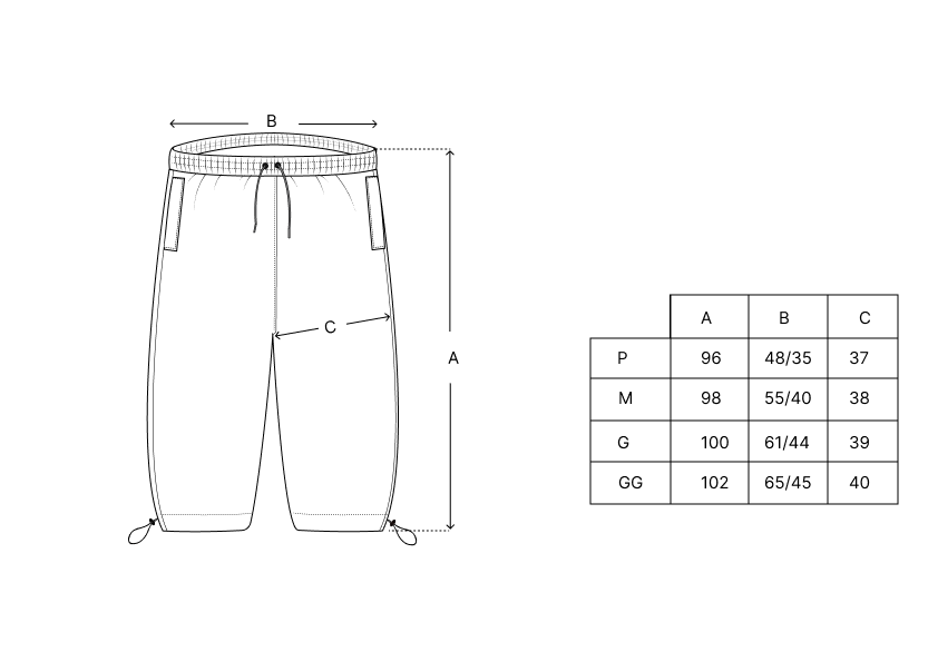 Tabela de medidas da calça CLASS INVERSO: alturas A, B e C para P, M, G, GG