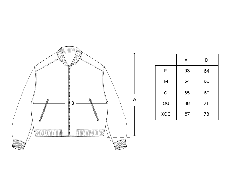Esquema de jaqueta bomber preta com zíper frontal e punhos canelados