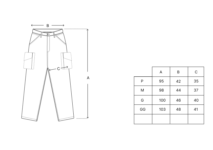 Tabela de medidas para calça cargo com tamanhos P, M, G e GG