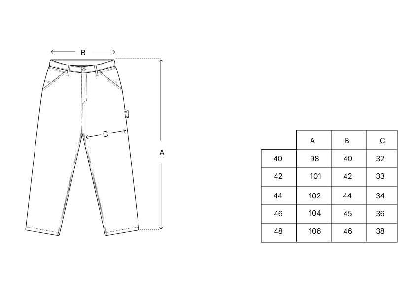 Calça jeans: ilustração de medidas e tabela de tamanho (40 a 48), em centímetros.