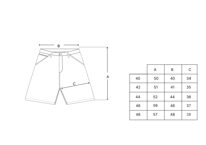 Tabela de medidas e desenho técnico de shorts jeans carpenter POMPEII