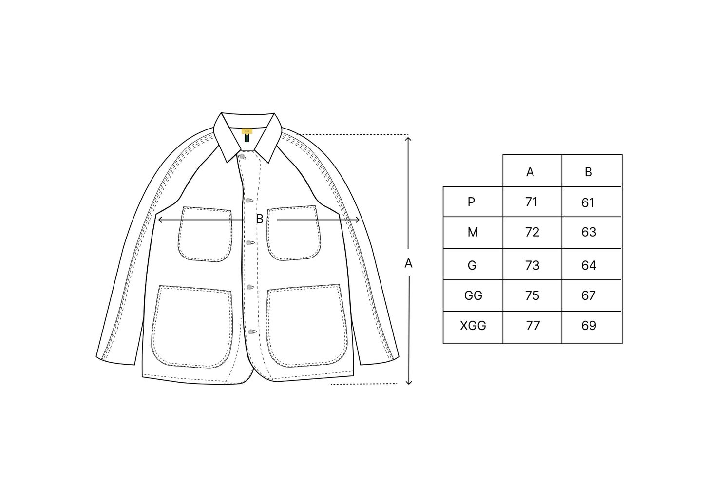 Tabela de medidas da jaqueta jeans RAW, com alturas A e larguras B.