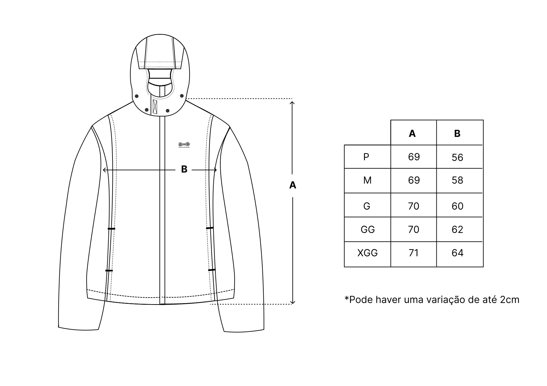 Desenho técnico da jaqueta preta com capuz laranja e costuras