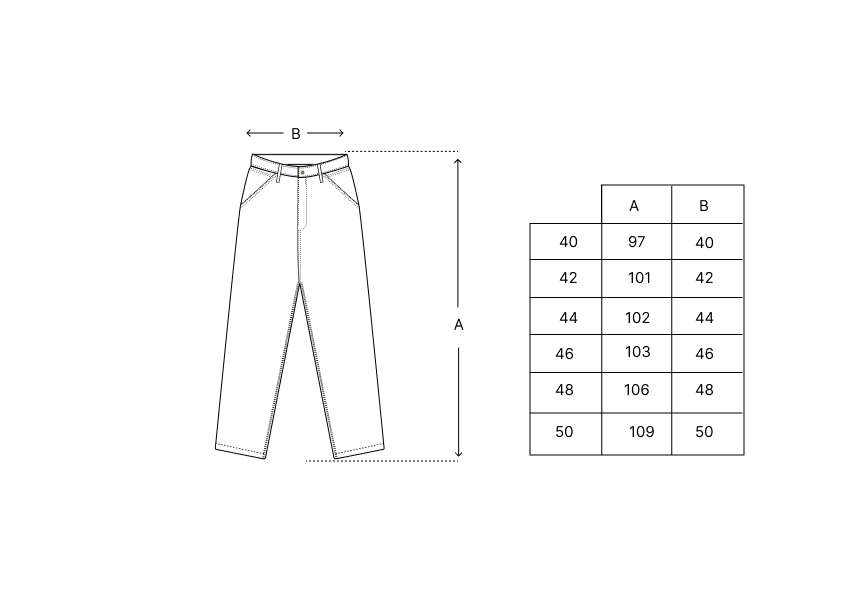 Tabela de medidas e ilustração de jeans preto com respingos, medidas A e B.