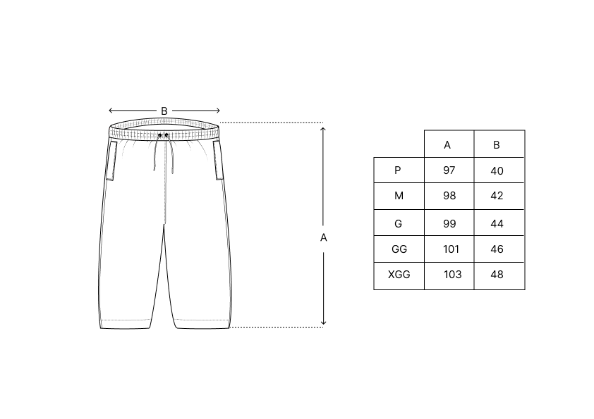 Calça branca com cós elástico e cordão, modelagem reta (desenho técnico)