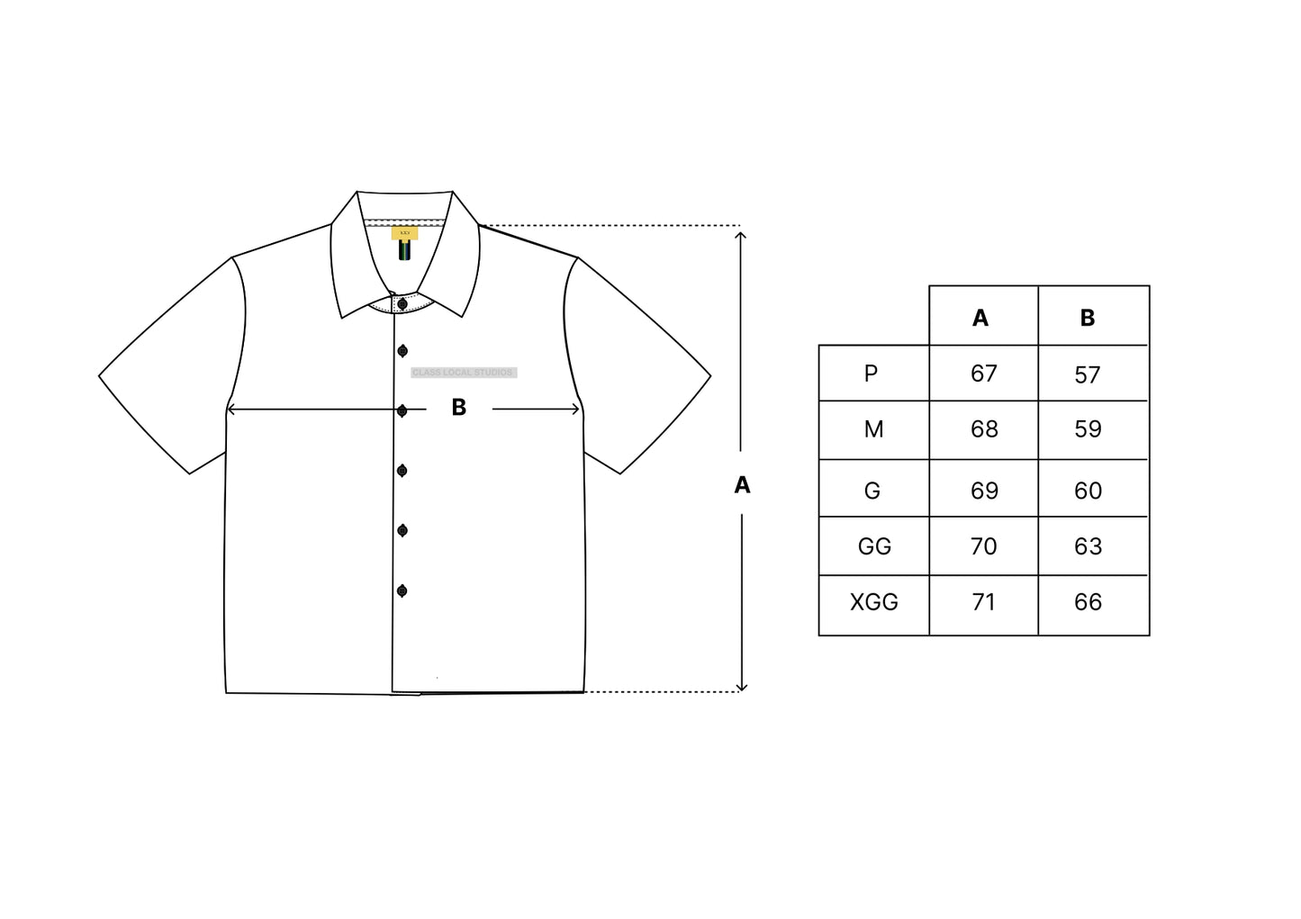 Tabela de medidas da camisa: P, M, G, GG, 3G e XGG, medidas A e B
