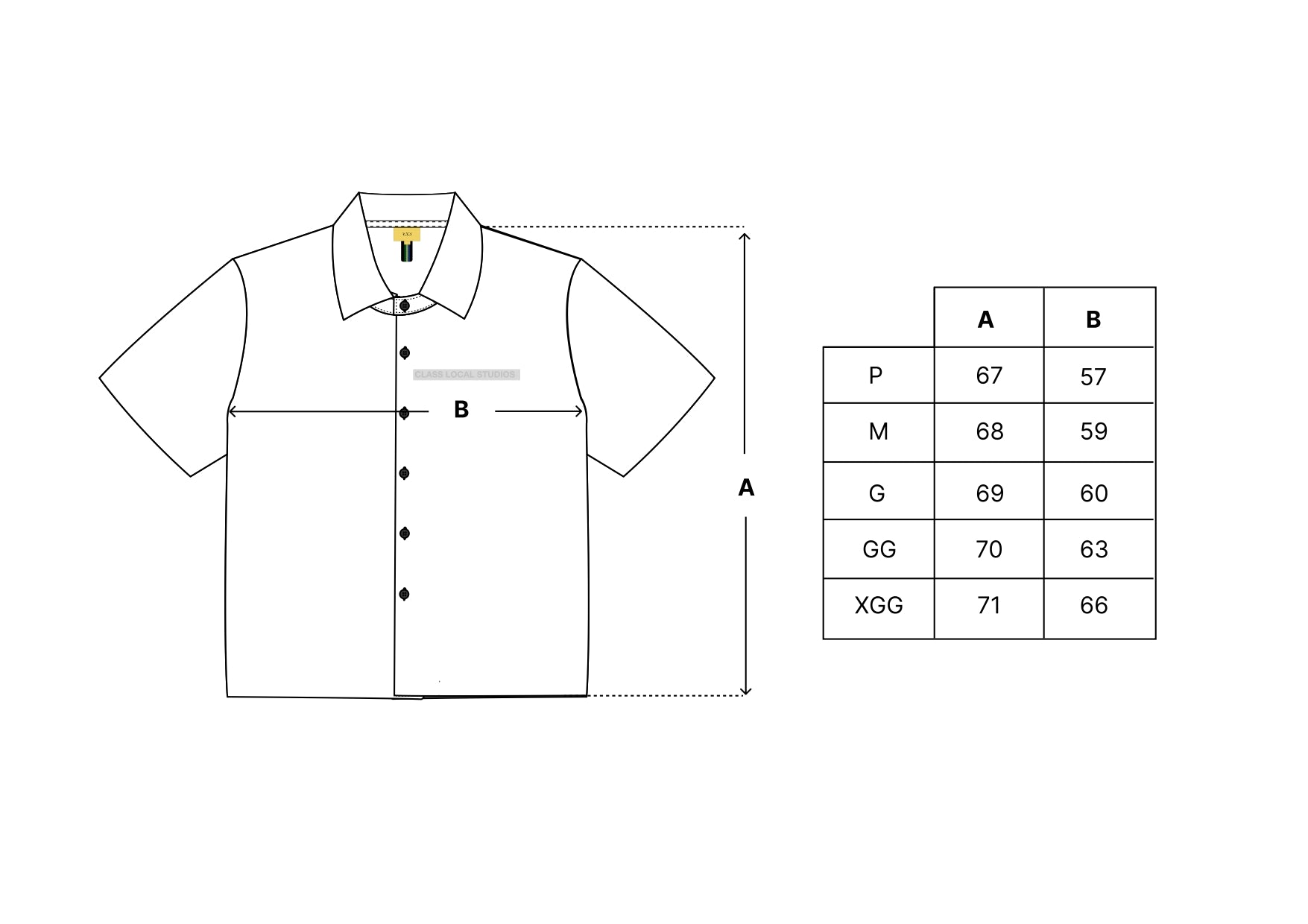Tabela de medidas da camisa: P, M, G, GG, 3G e XGG, medidas A e B