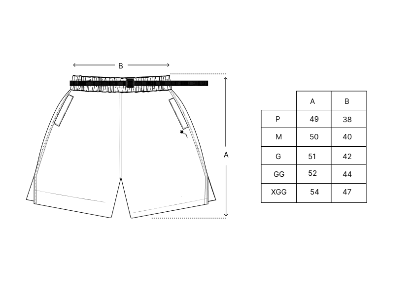 Especificação de shorts: tabela de medidas e diagrama frontal com cós elástico