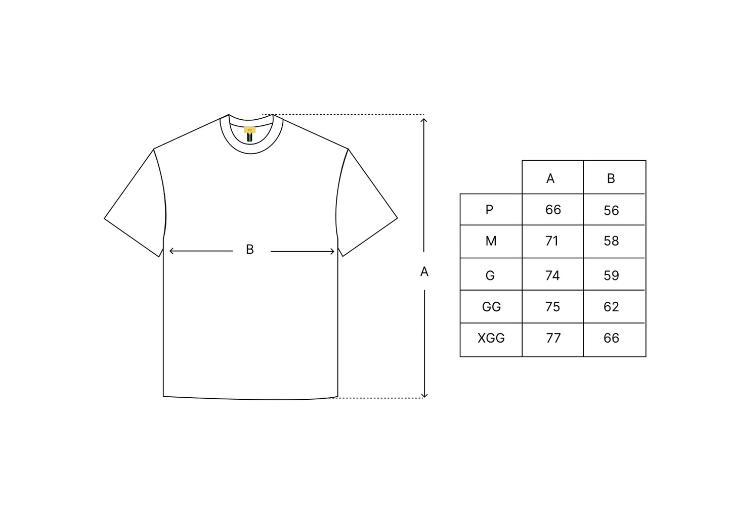 Tabela de tamanhos da camiseta: medidas A e B para P, M, G, GG e XGG