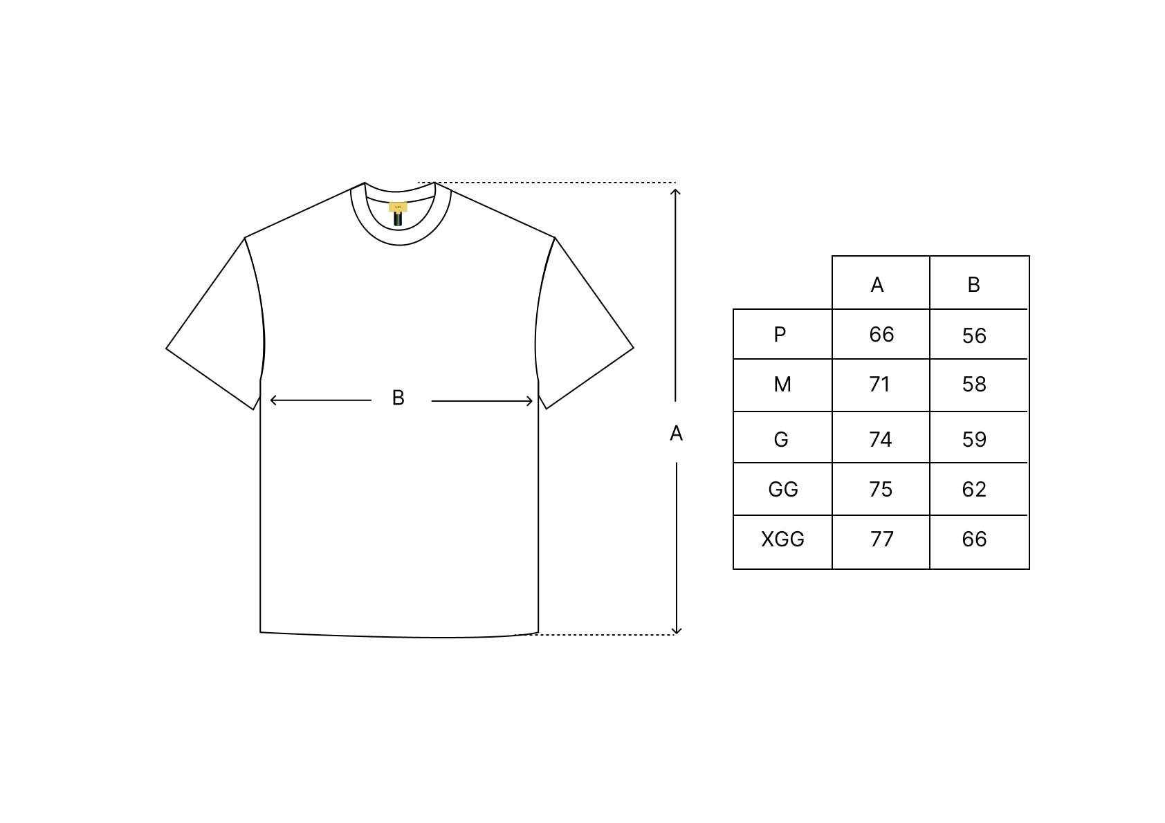 Tabela de medidas da camiseta: P a XGG, larguras e alturas indicadas