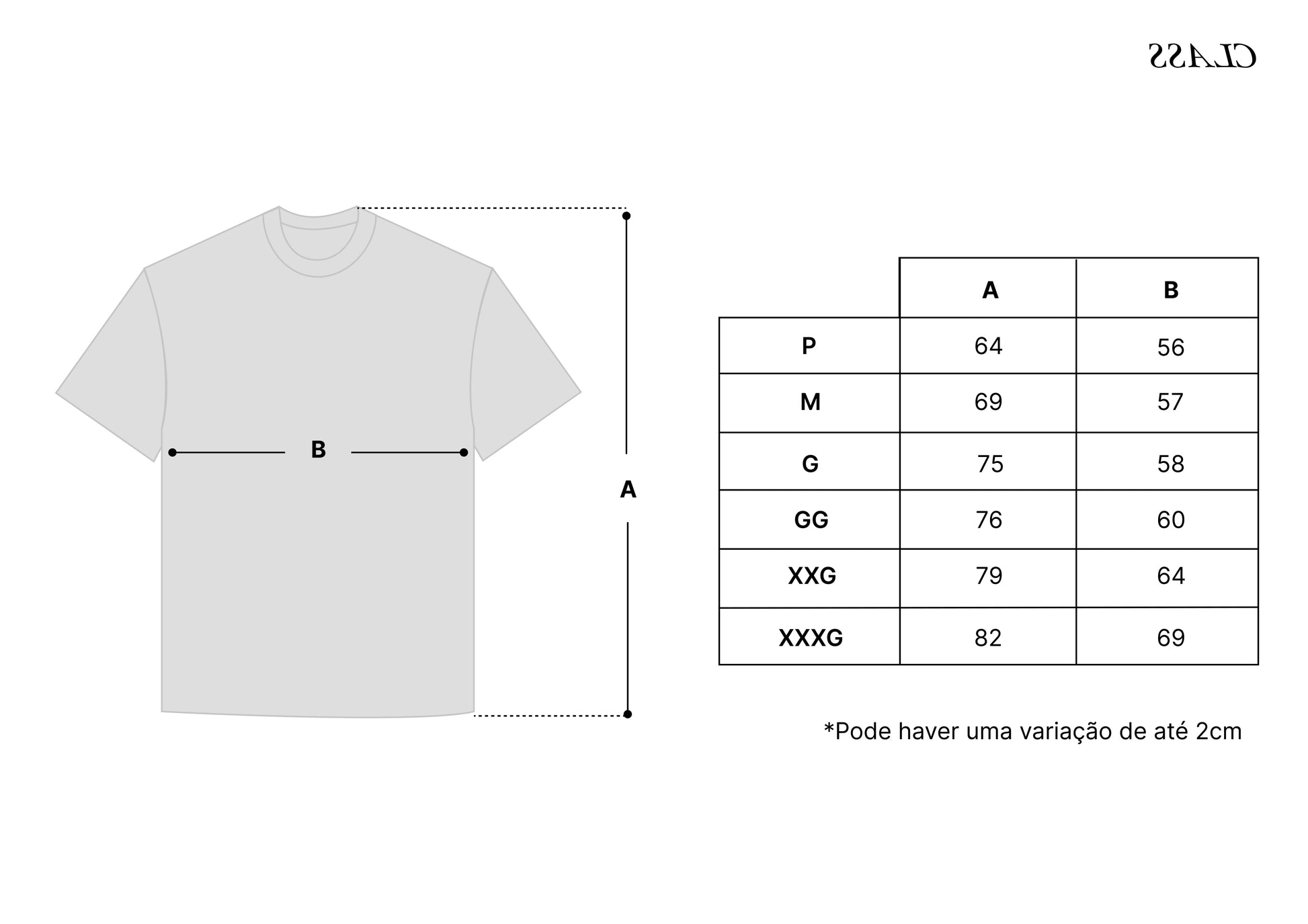 Cartela de medidas de camiseta clara e tabela com tamanhos P a XXKG e medidas