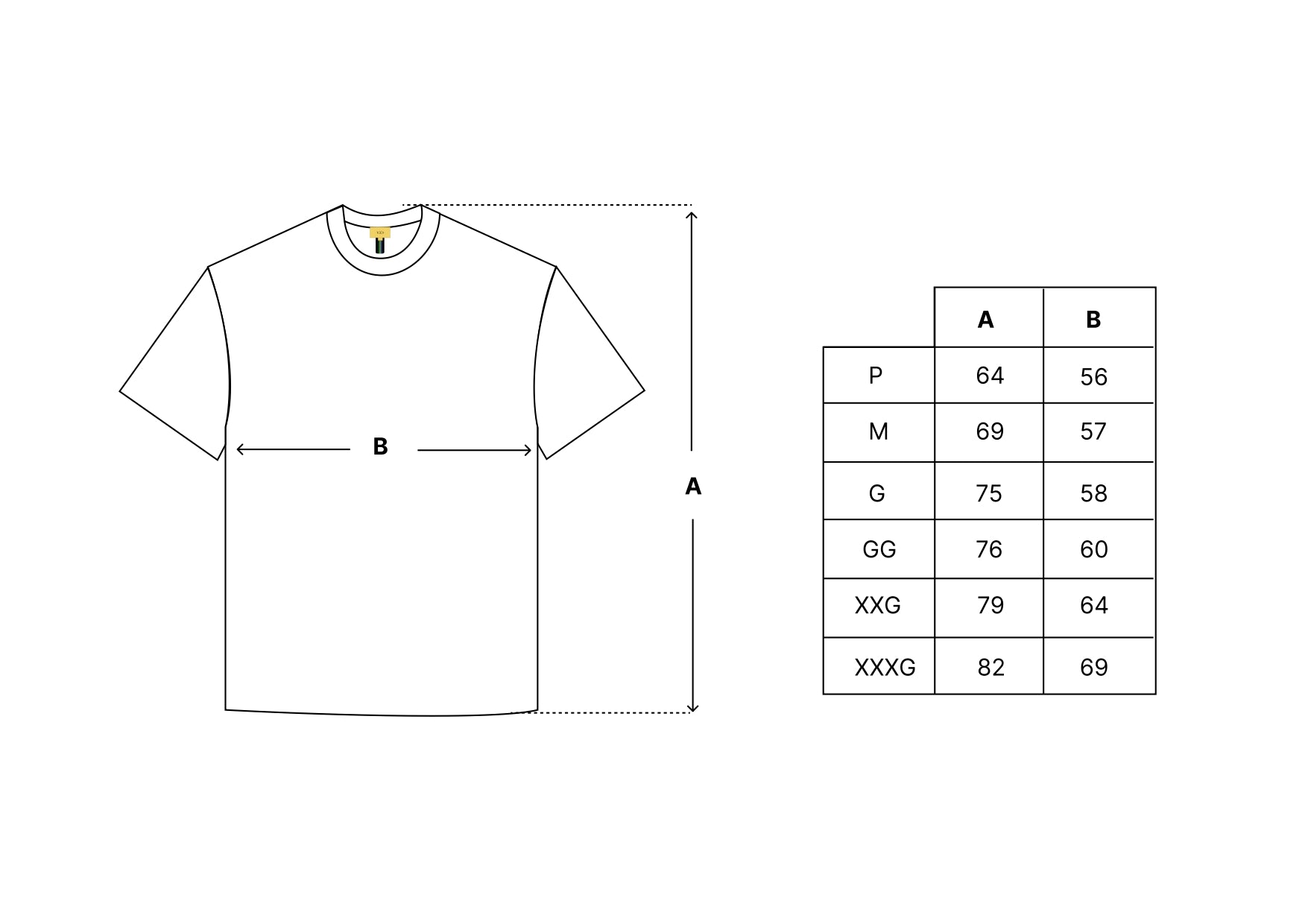 Camiseta com diagrama de medidas e tabela de tamanhos