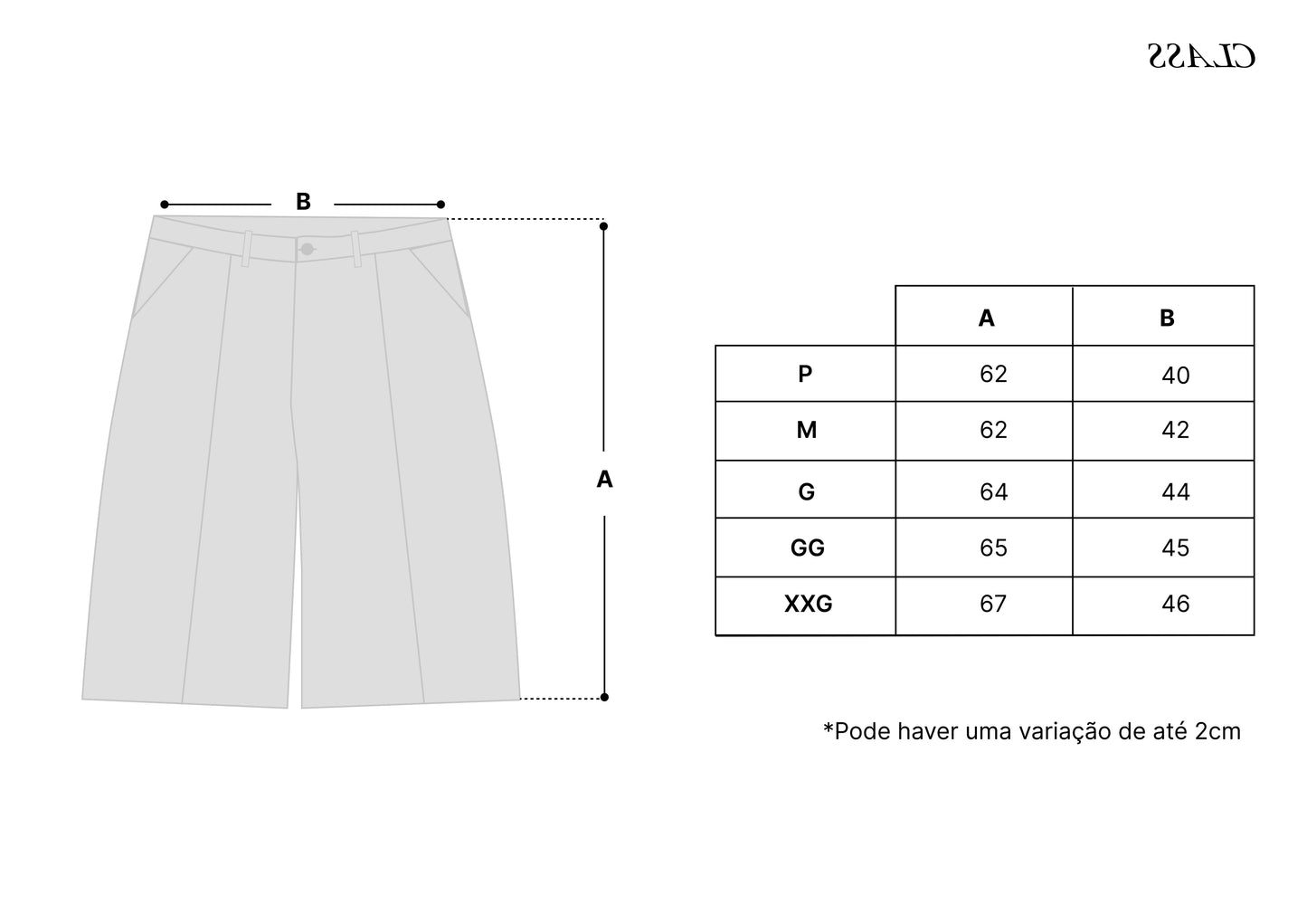 Tabela de medidas do shorts: comprimento A e cintura B por tamanho P–XXG.