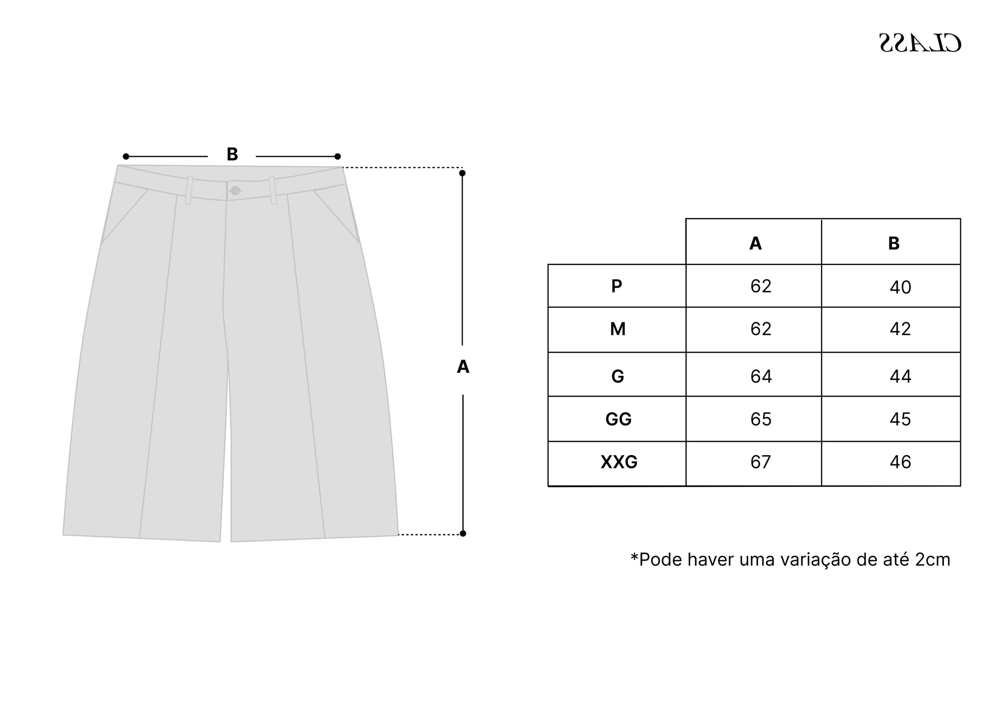 Tabela de medidas do shorts: comprimento A e cintura B por tamanho P–XXG.