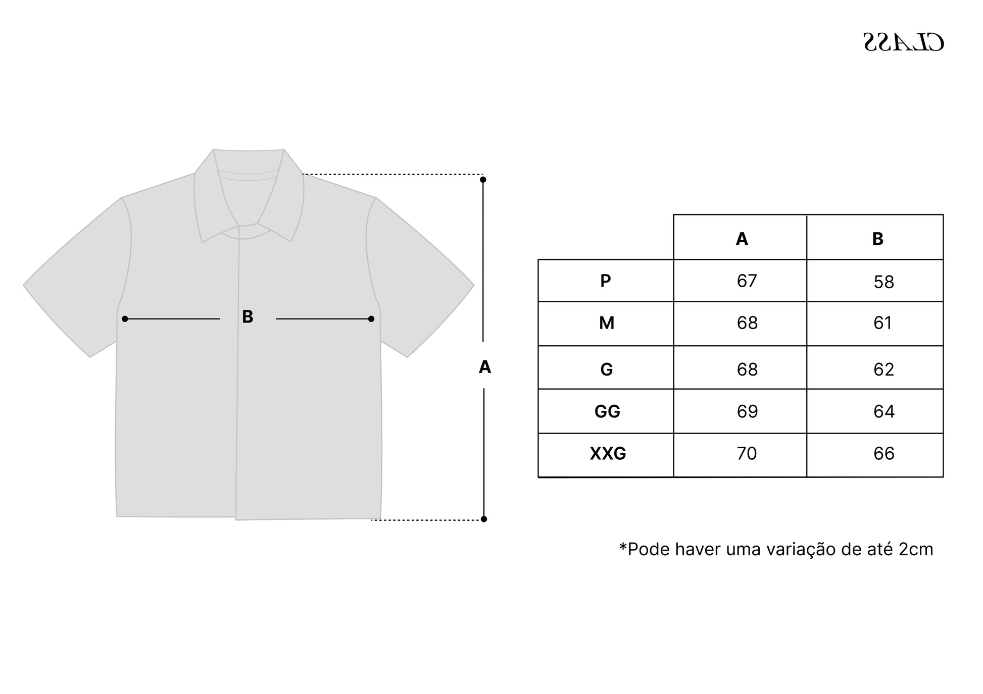 Esquema de camisa polo branca com tabela de medidas e tamanhos P a XXG