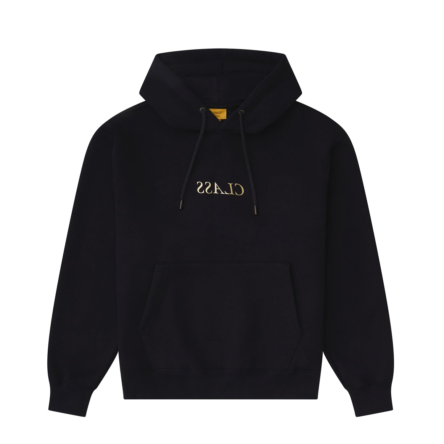 Moletom preto com capuz e bolso canguru, cordões e logo frontal pequeno