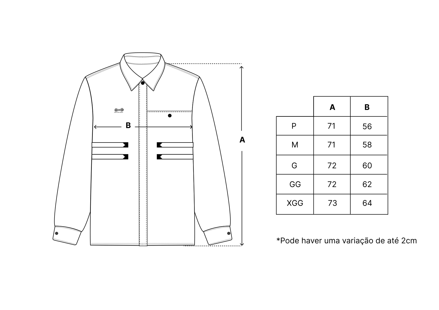 Tabela de medidas da camisa manga longa: alturas A e larguras P a XGG